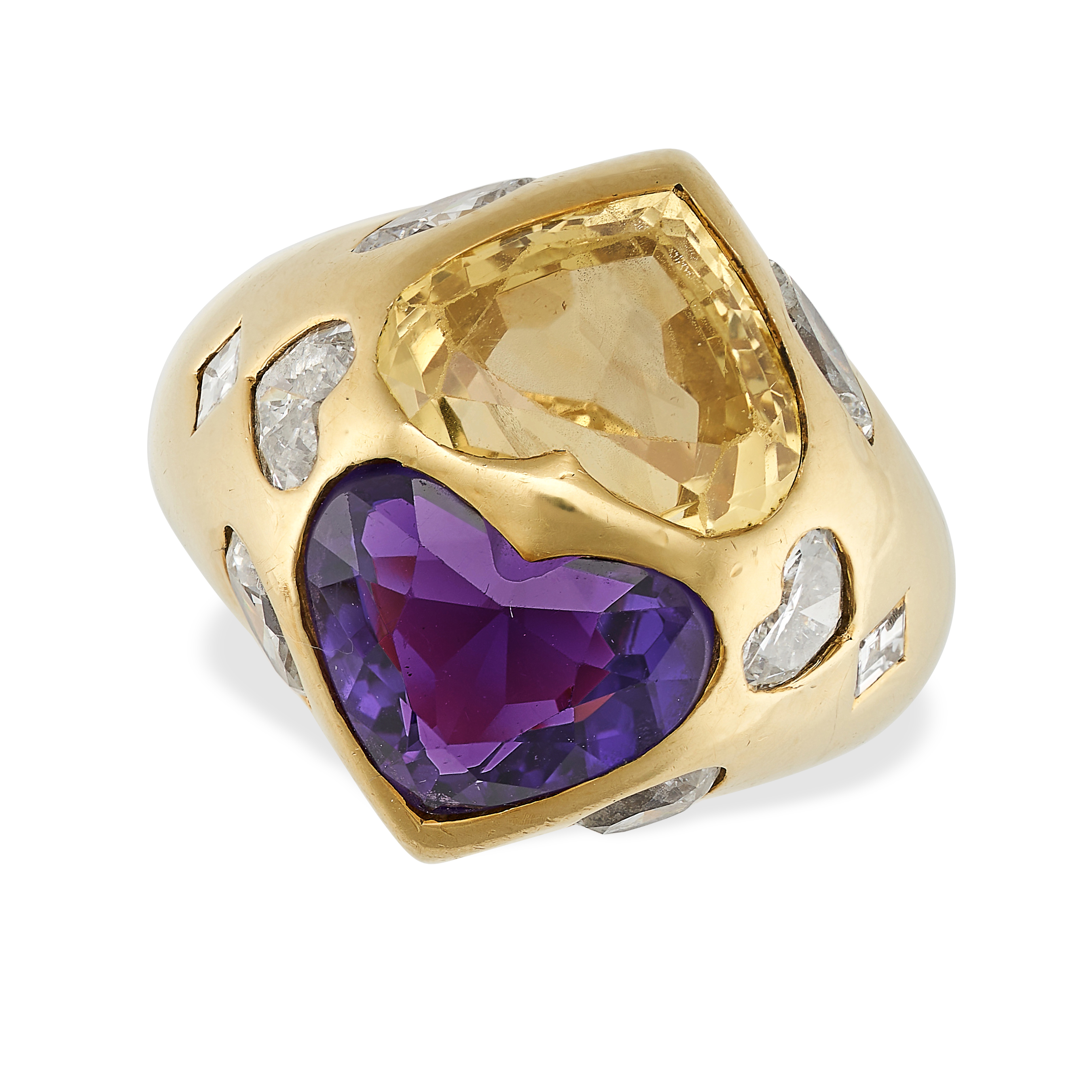 AN UNHEATED YELLOW SAPPHIRE, AMETHYST AND DIAMOND DRESS RING in 18ct yellow gold, the domed face set