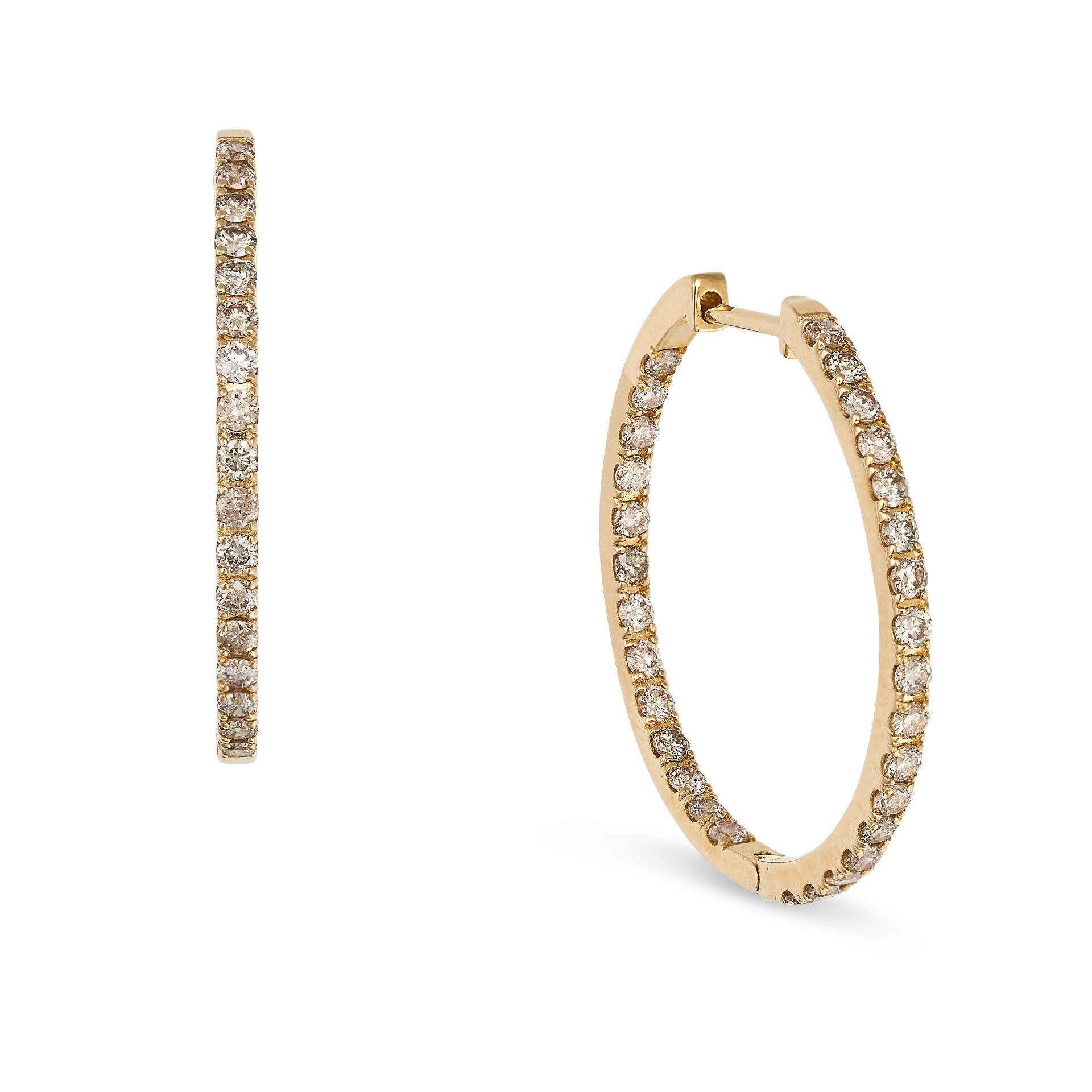 A PAIR OF DIAMOND HOOP EARRINGS in 18ct yellow gold, each designed as a hoop set with round