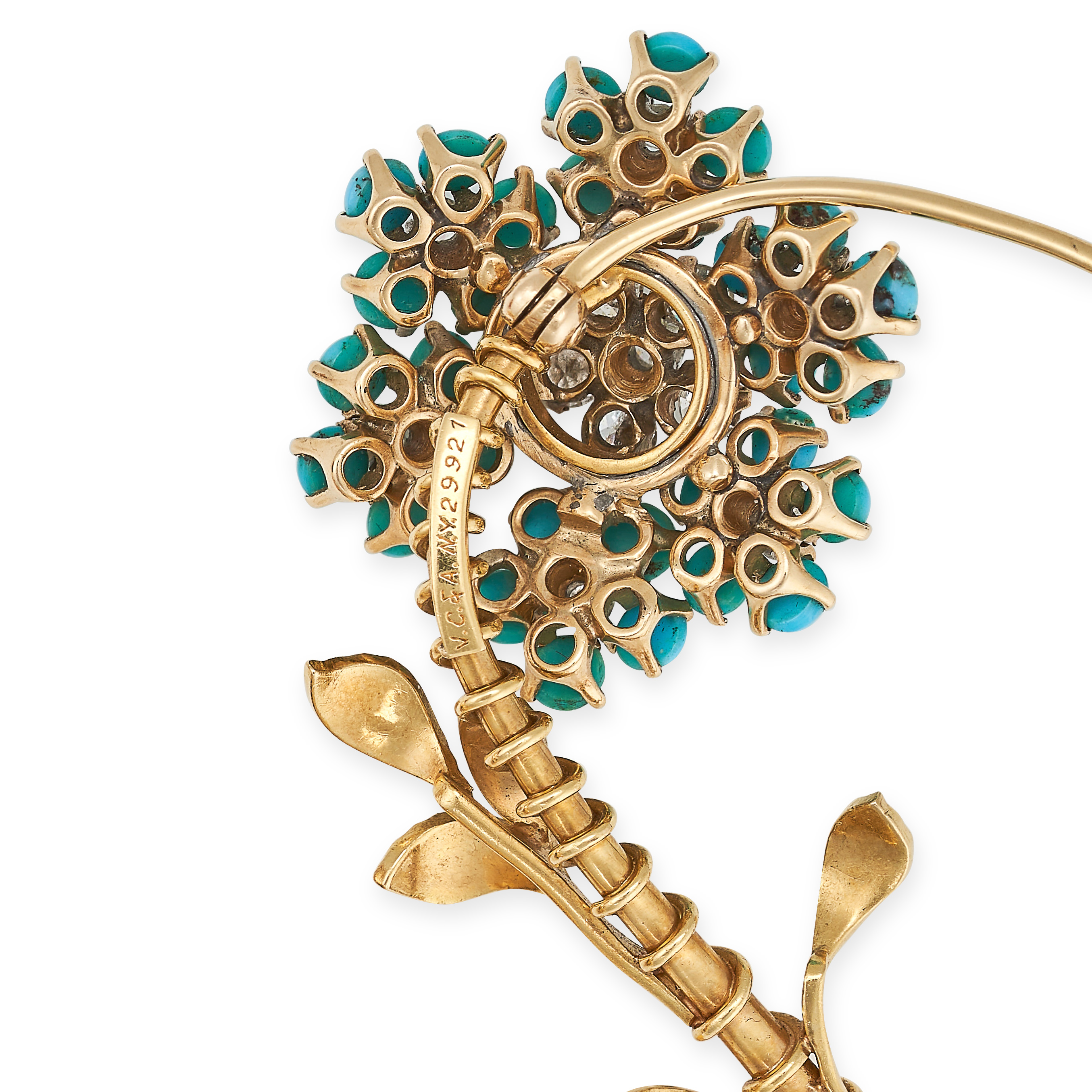 VAN CLEEF & ARPELS, A VINTAGE TURQUOISE AND DIAMOND FLOWER BROOCH in 14ct yellow gold, the head of - Image 2 of 2