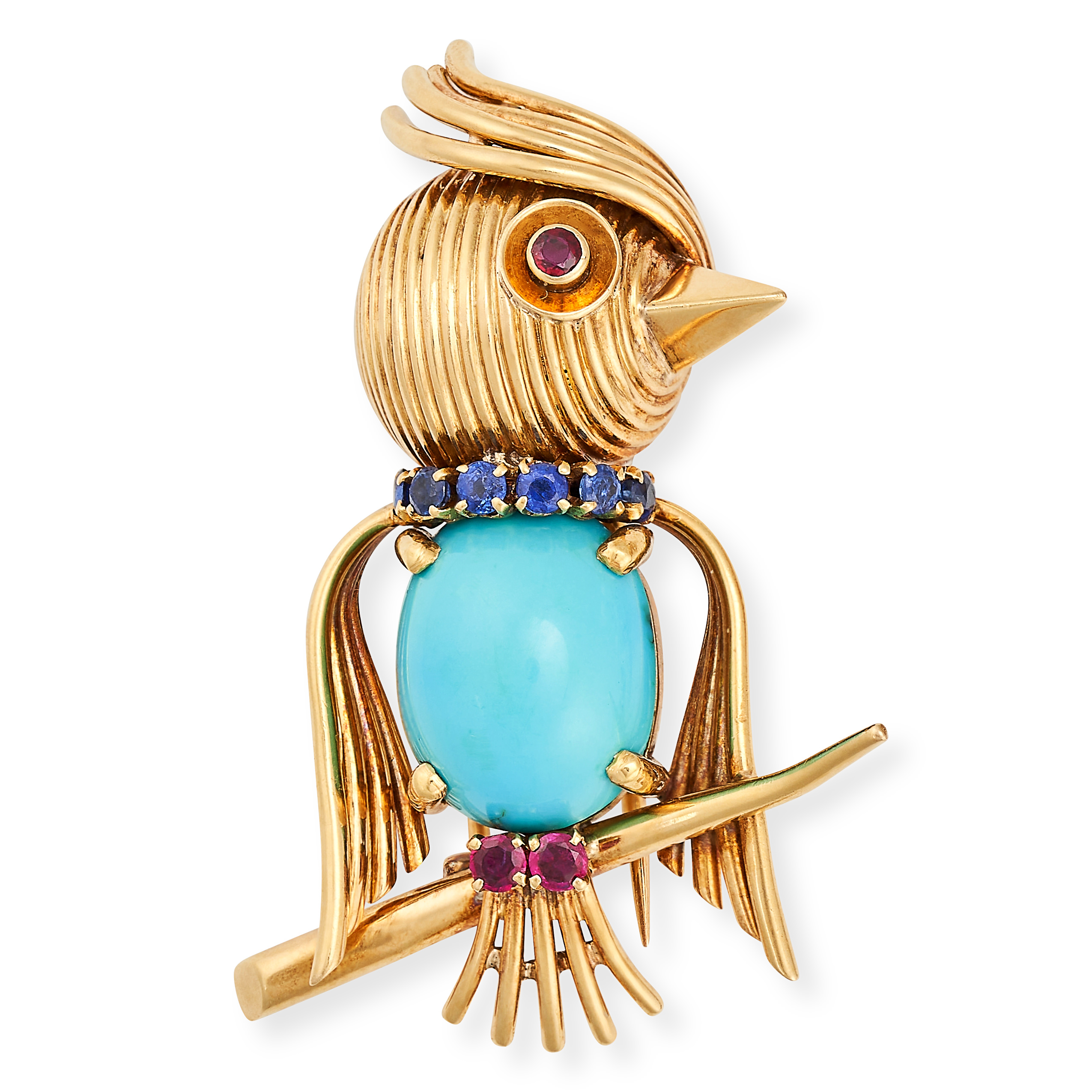 VAN CLEEF & ARPELS, A VINTAGE TURQUOISE, SAPPHIRE AND RUBY BIRD BROOCH in 18ct yellow gold, designed