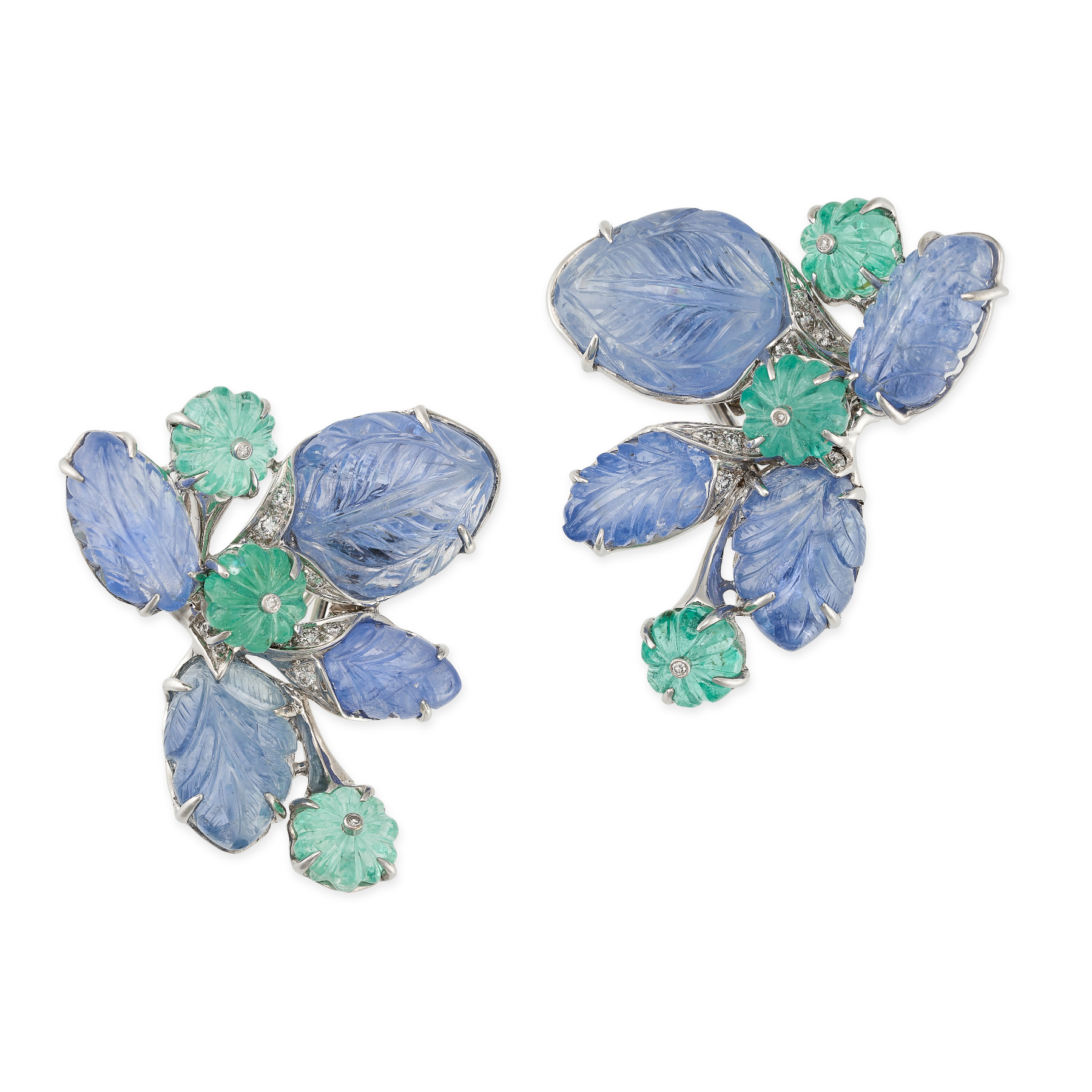 A PAIR OF CARVED SAPPHIRE, EMERALD AND DIAMOND EARRINGS in 18ct white gold, each designed as a spray