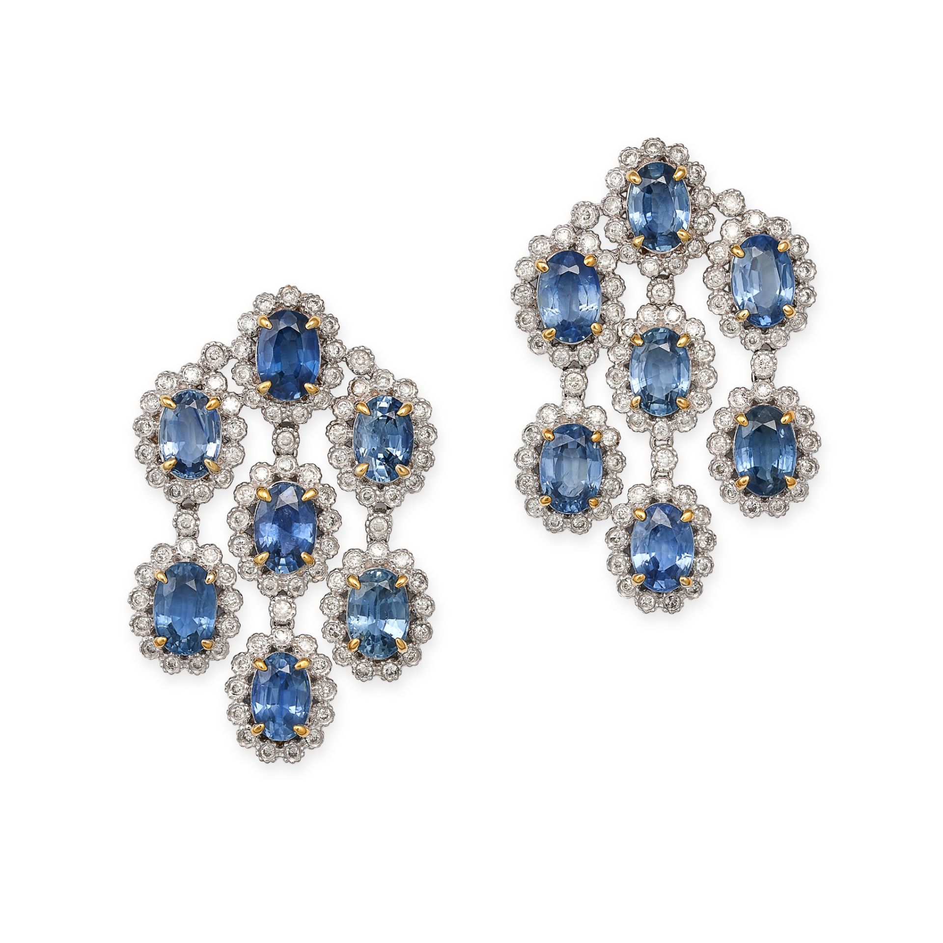 A PAIR OF SAPPHIRE AND DIAMOND CHANDELIER EARRINGS in 18ct white gold, each set with seven oval