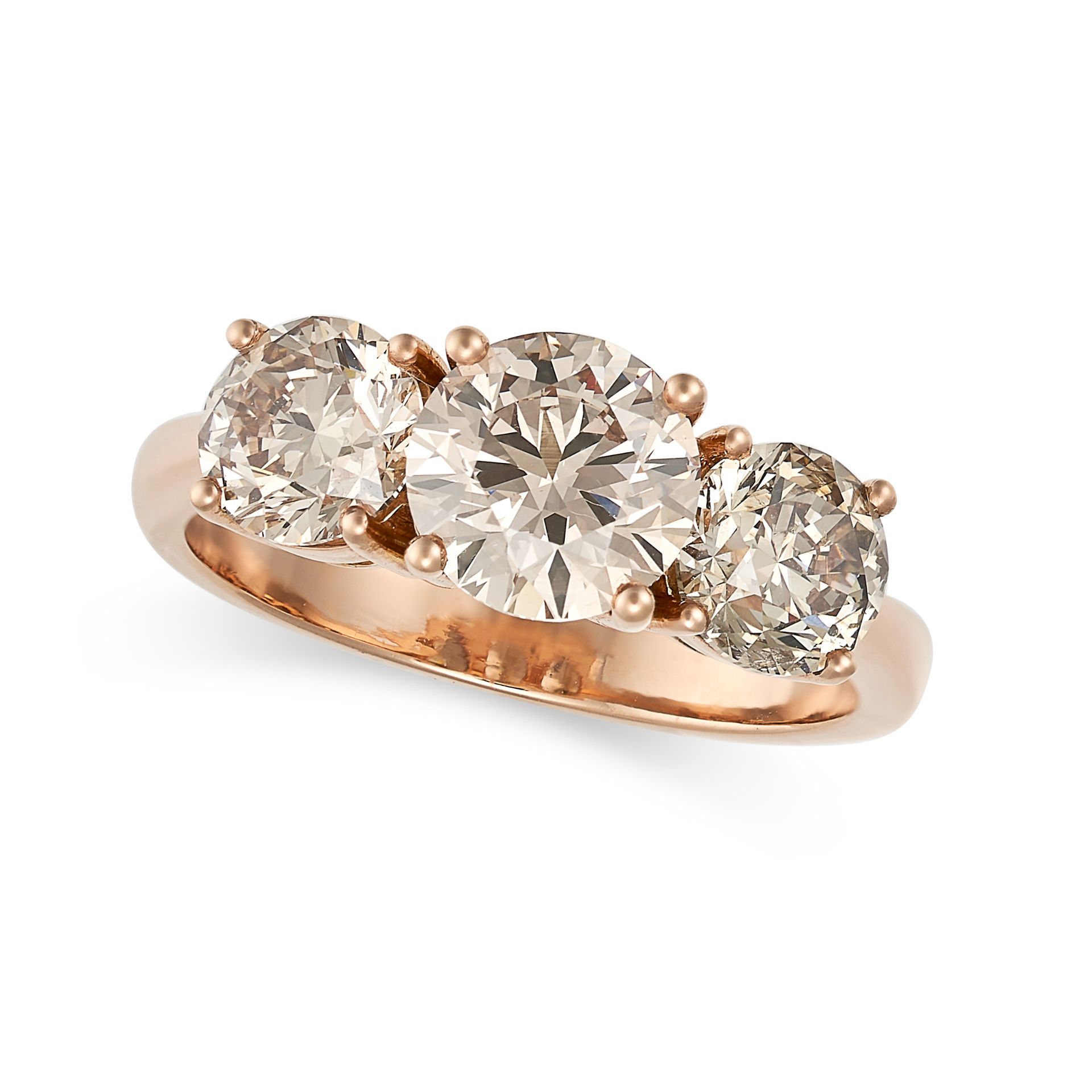 A DIAMOND THREE STONE RING in 18ct rose gold, set with three round brilliant cut diamonds, the