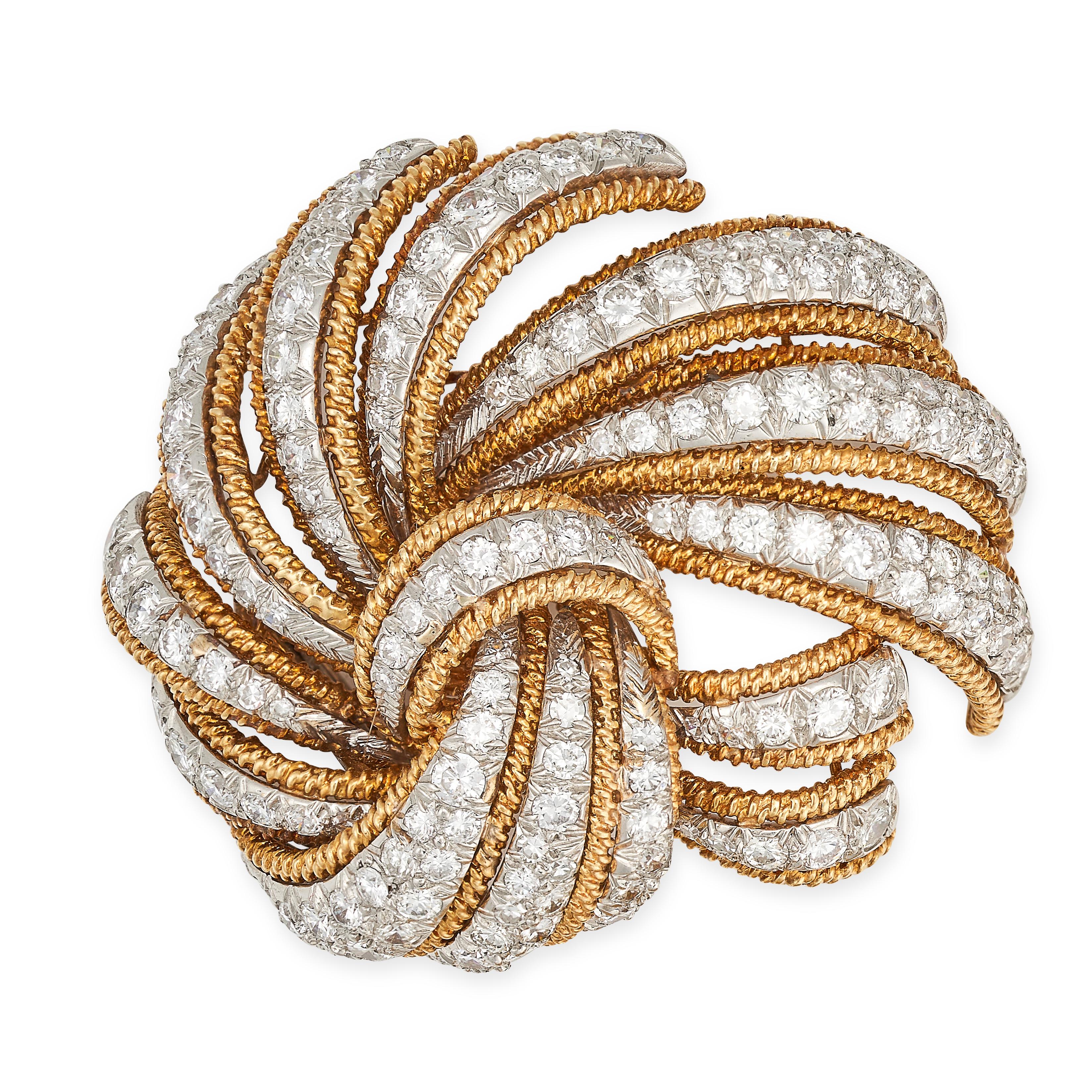 DAVID WEBB, A VINTAGE DIAMOND BROOCH in yellow gold and platinum, the scrolling body set with rows