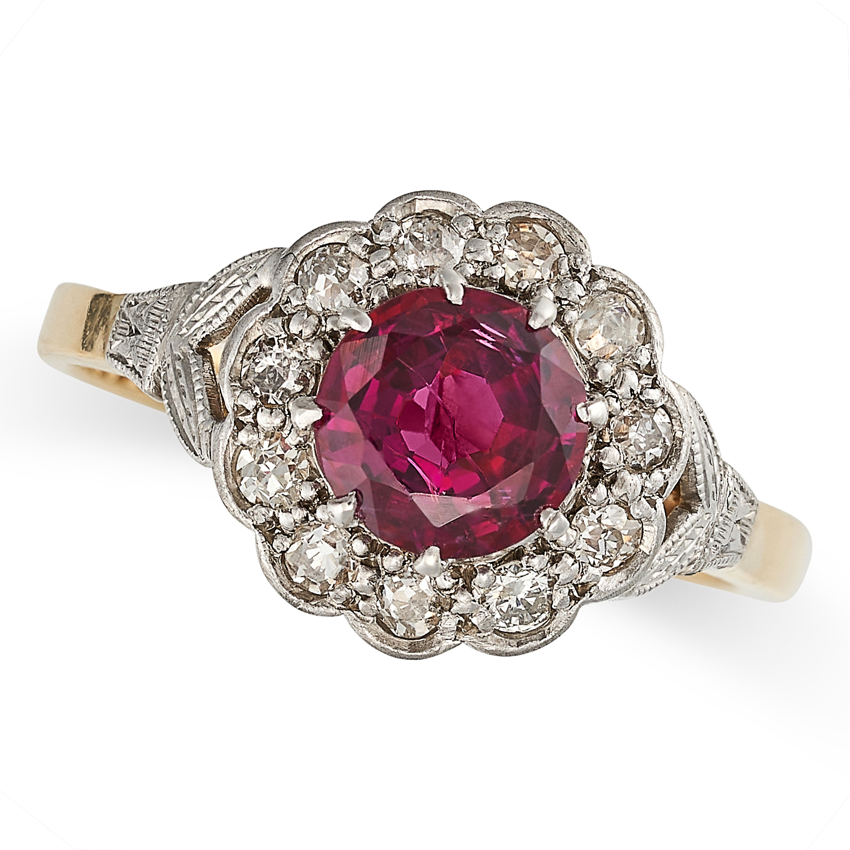AN UNHEATED RUBY AND DIAMOND CLUSTER RING in 18ct yellow gold and platinum, set with a round cut