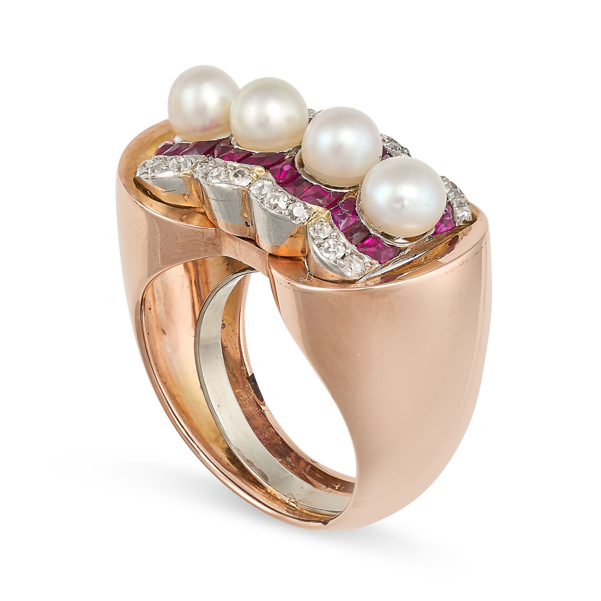 A RETRO PEARL, RUBY AND DIAMOND DRESS RING in rose and white gold, set with four pearls accented - Image 2 of 2