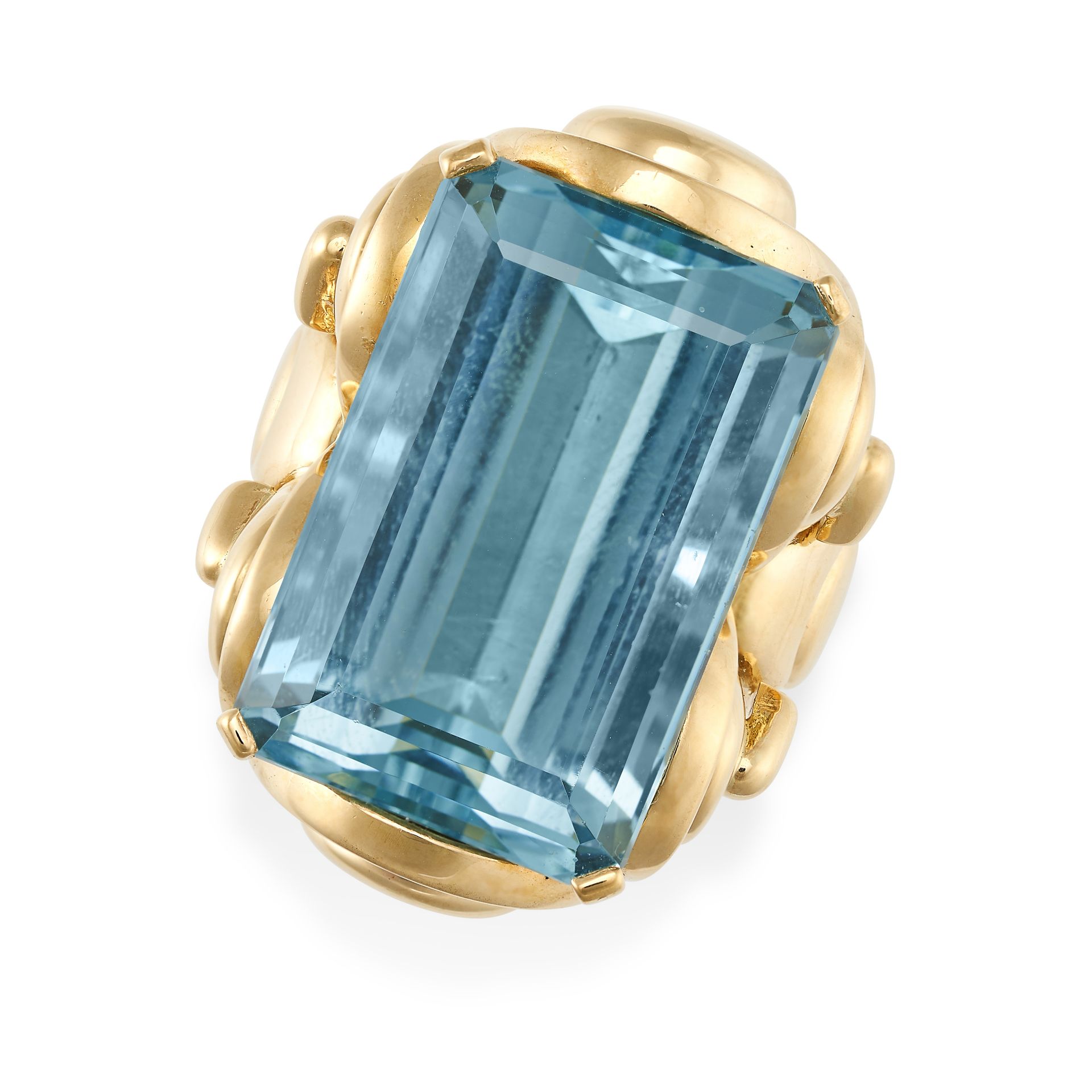 AN AQUAMARINE DRESS RING in 18ct yellow gold, set with an octagonal step cut emerald of