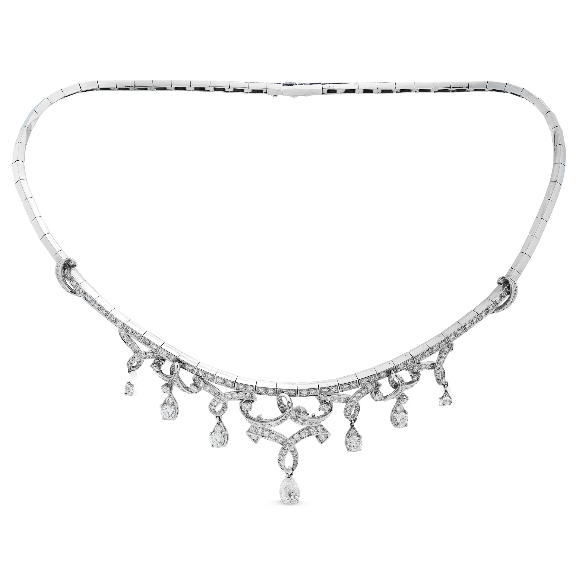 A FRENCH DIAMOND NECKLACE in 18ct white gold, in scrolling design set throughout with round