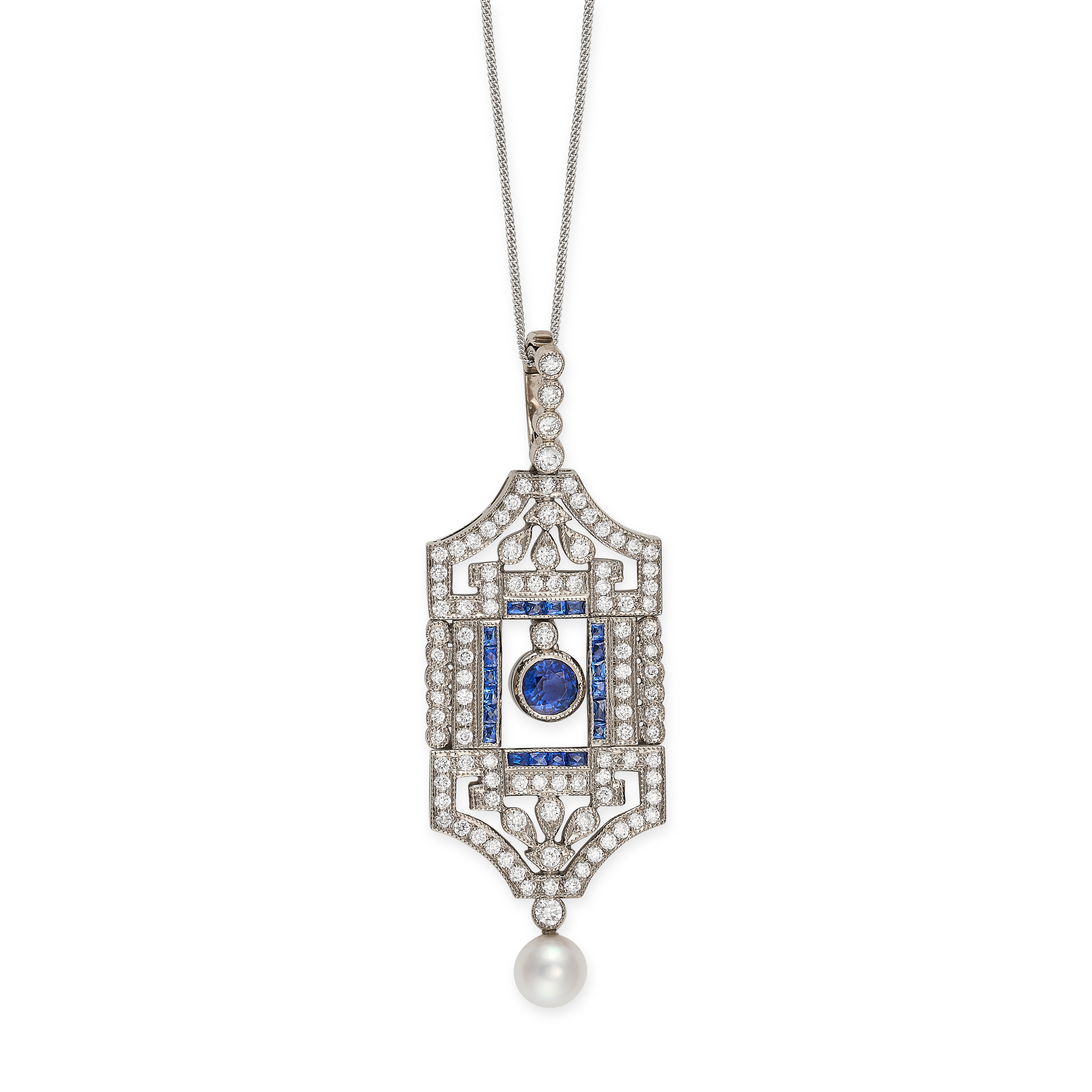 A SAPPHIRE, DIAMOND AND PEARL PENDANT NECKLACE in 18ct white gold, the geometric openwork pendant