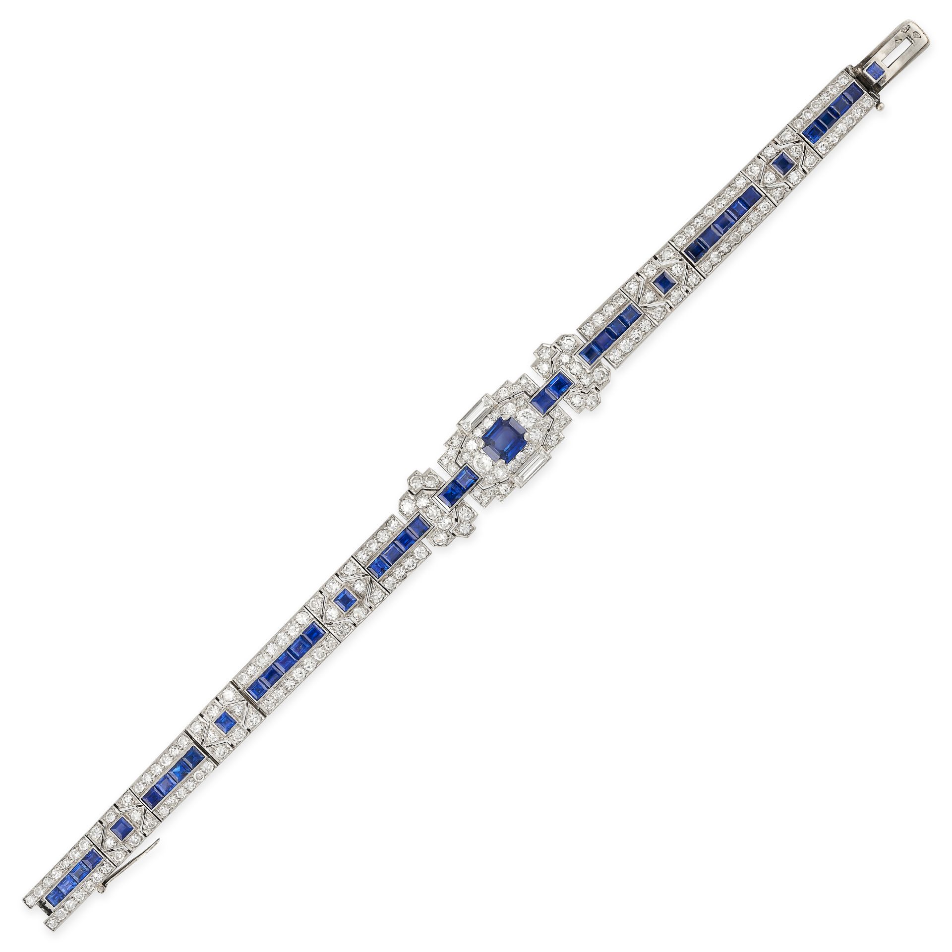 CARTIER, AN ART DECO SAPPHIRE AND DIAMOND BRACELET in platinum and 18ct white gold, the central