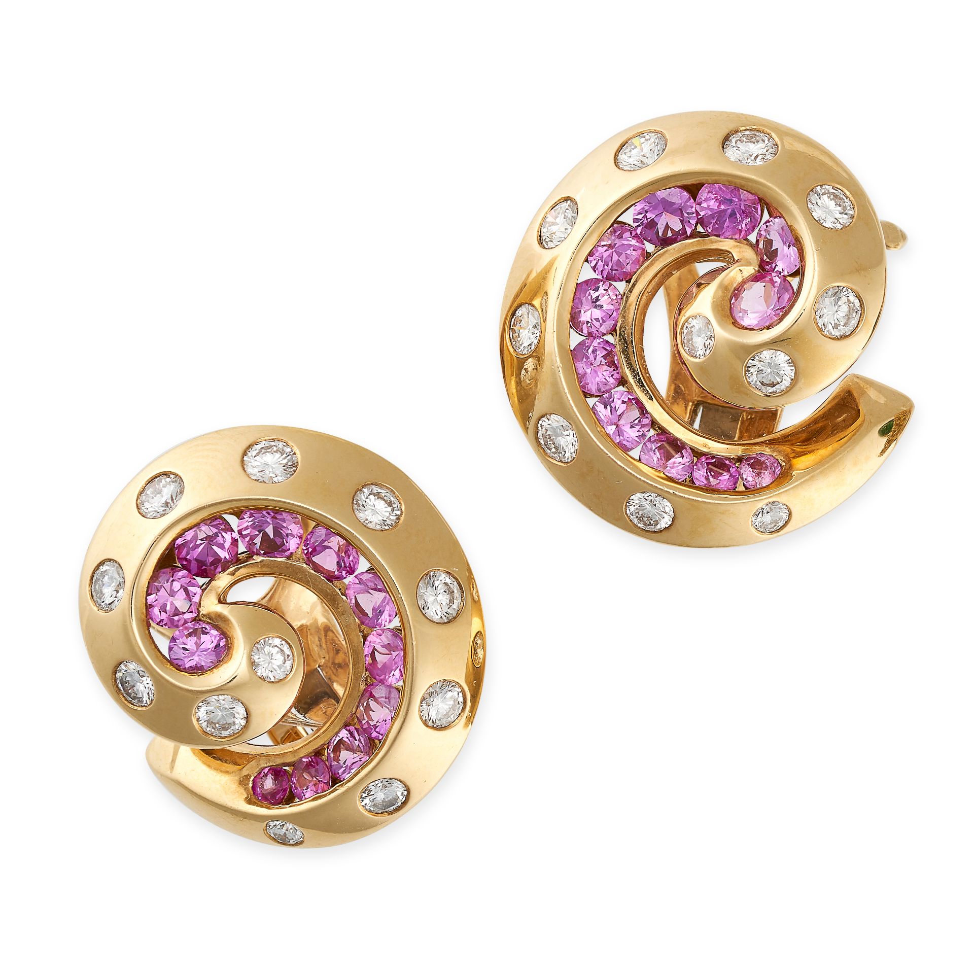 VAN CLEEF & ARPELS, A PAIR OF VINTAGE PINK SAPPHIRE AND DIAMOND EARRINGS in 18ct yellow gold,