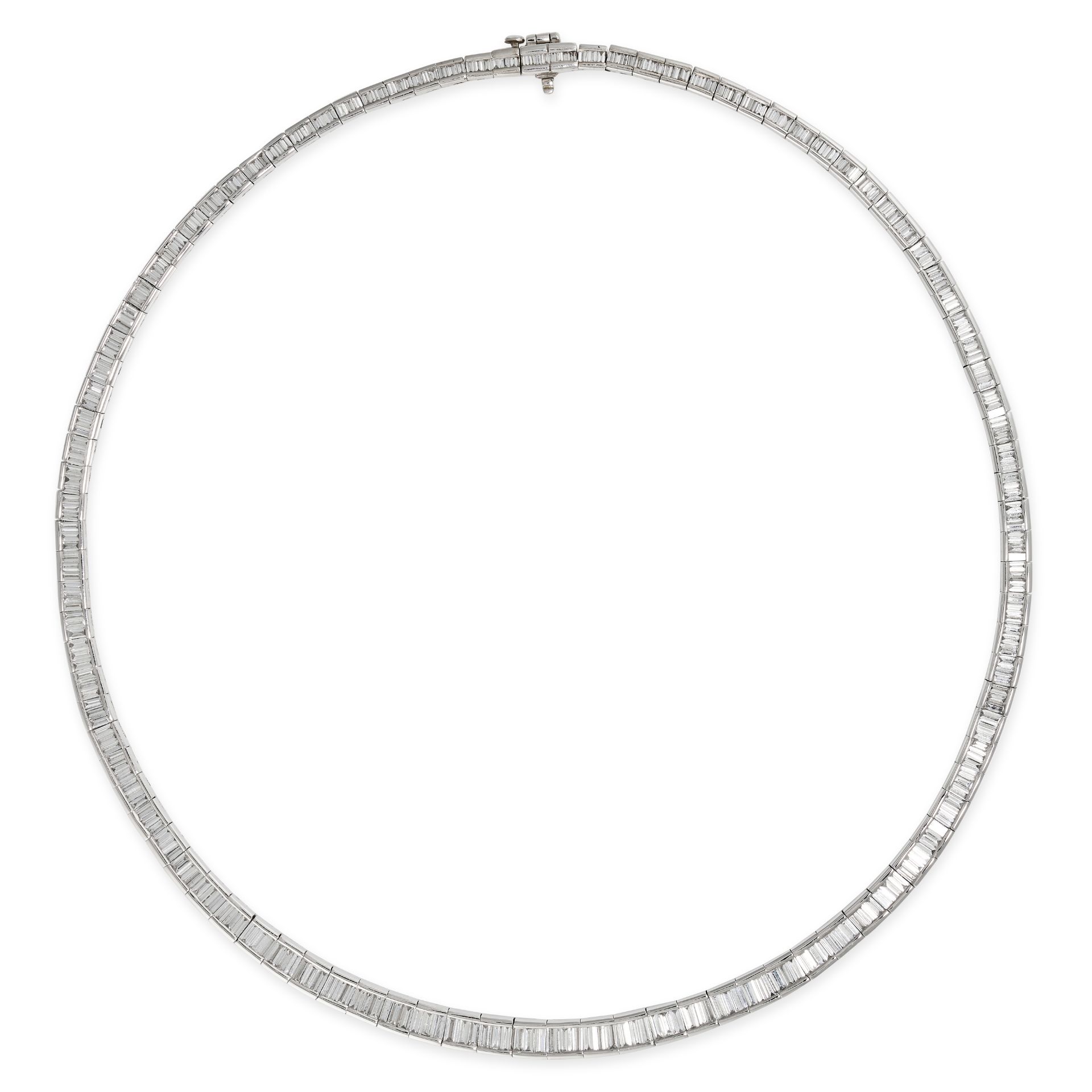 A FINE DIAMOND LINE NECKLACE in platinum, set with a row of graduated baguette cut diamonds all