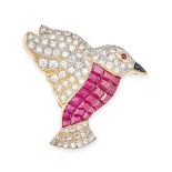 A DIAMOND, RUBY, AND SAPPHIRE BIRD BROOCH in yellow gold, the body of the bird invisibly set with
