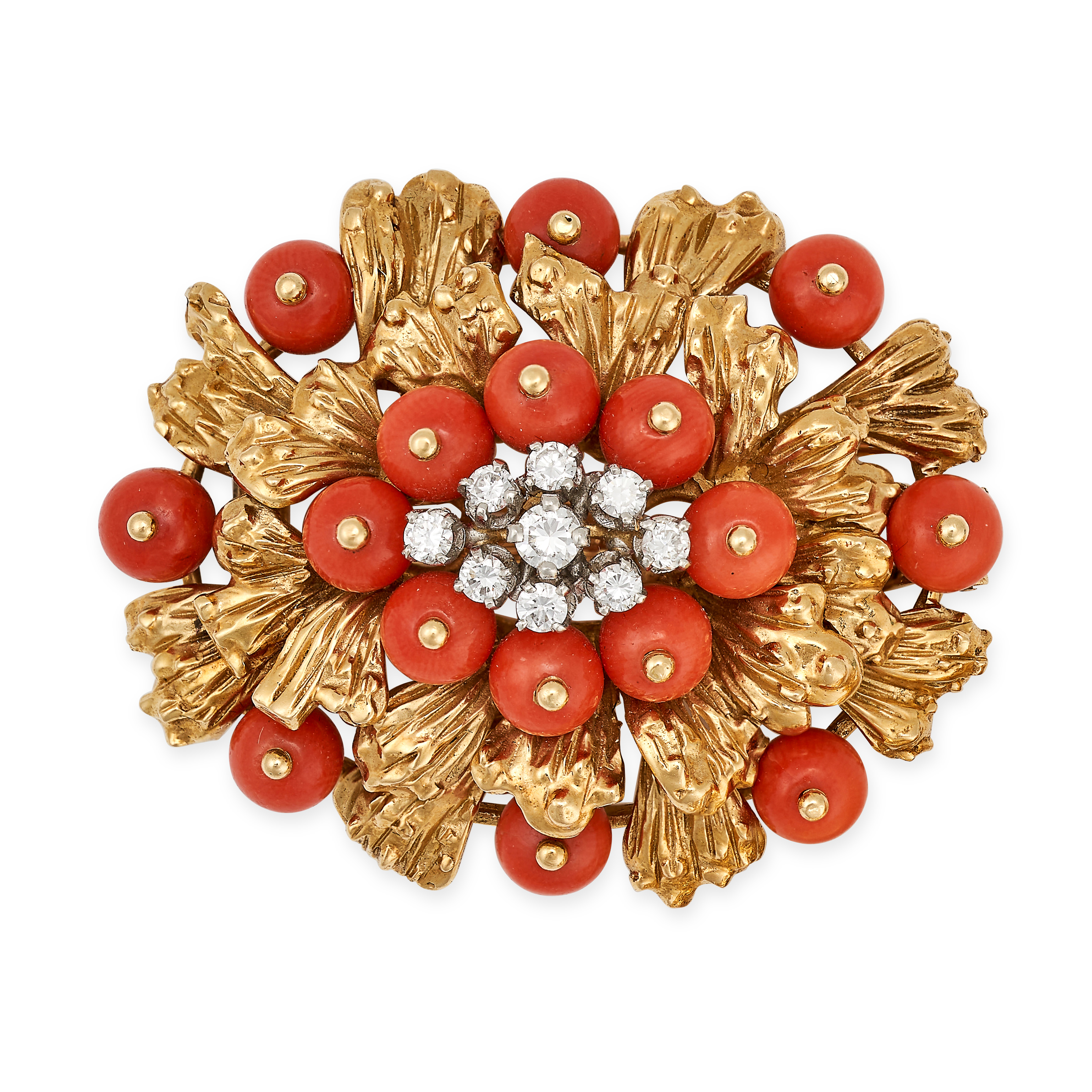 CARTIER, A VINTAGE CORAL AND DIAMOND BROOCH / PENDANT in 18ct yellow gold, set with a cluster of
