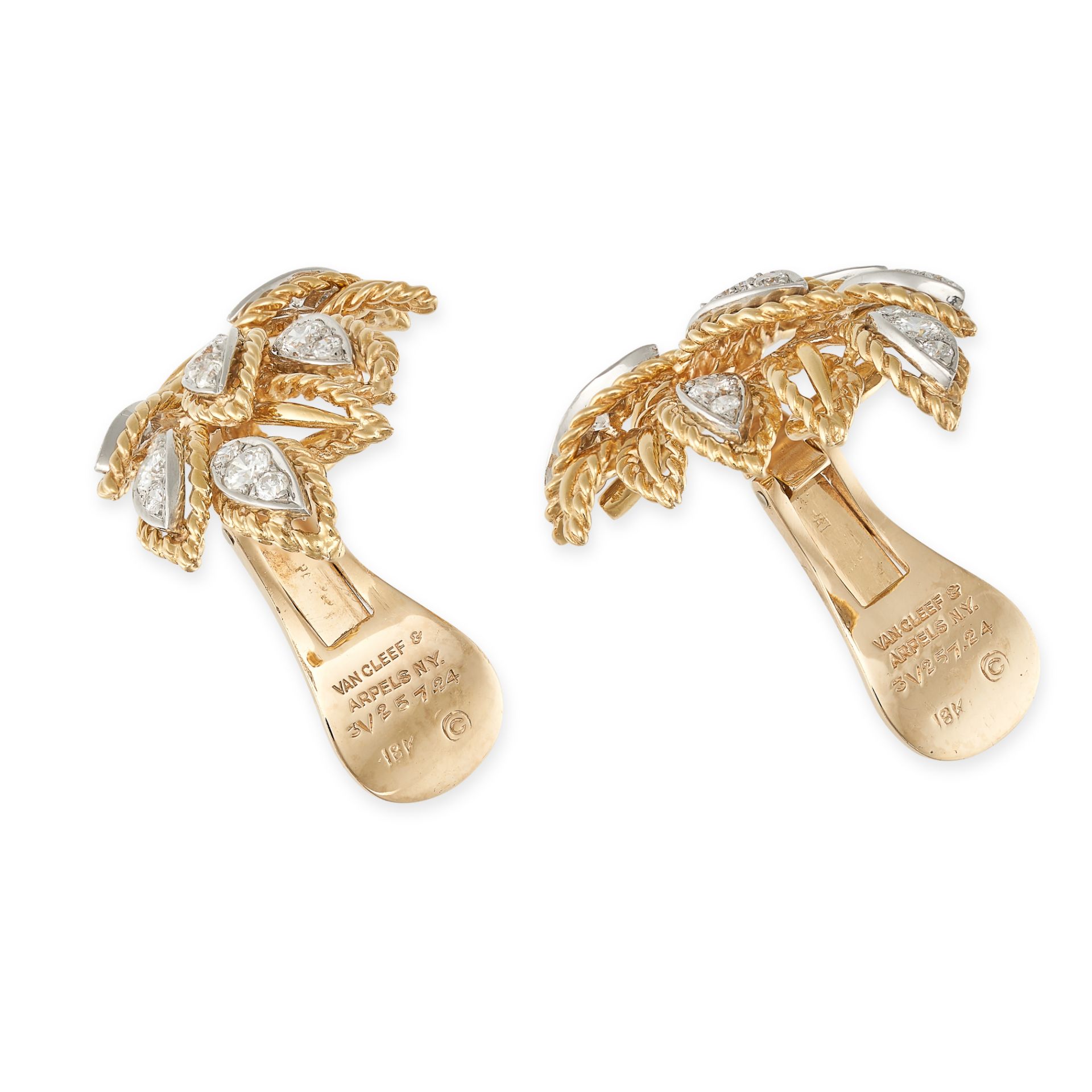 VAN CLEEF & ARPELS, A PAIR OF VINTAGE DIAMOND LEAF EARRINGS in 18ct yellow and white gold, - Image 2 of 2