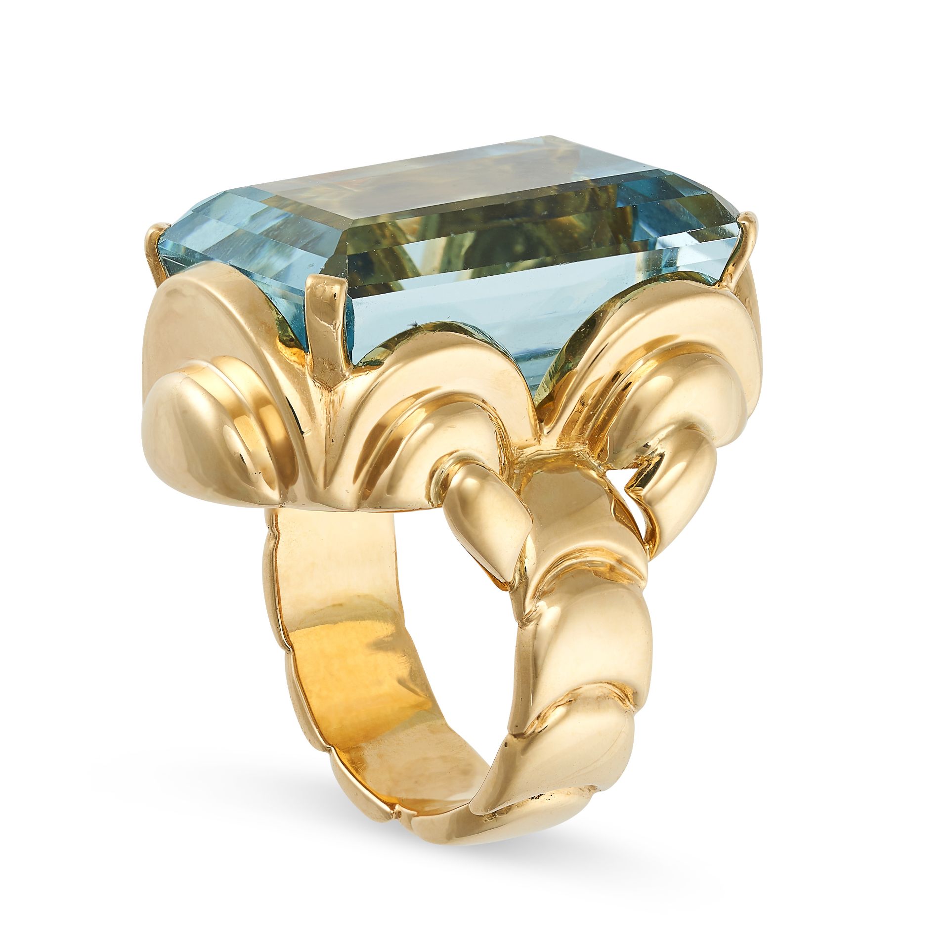 AN AQUAMARINE DRESS RING in 18ct yellow gold, set with an octagonal step cut emerald of - Image 2 of 2