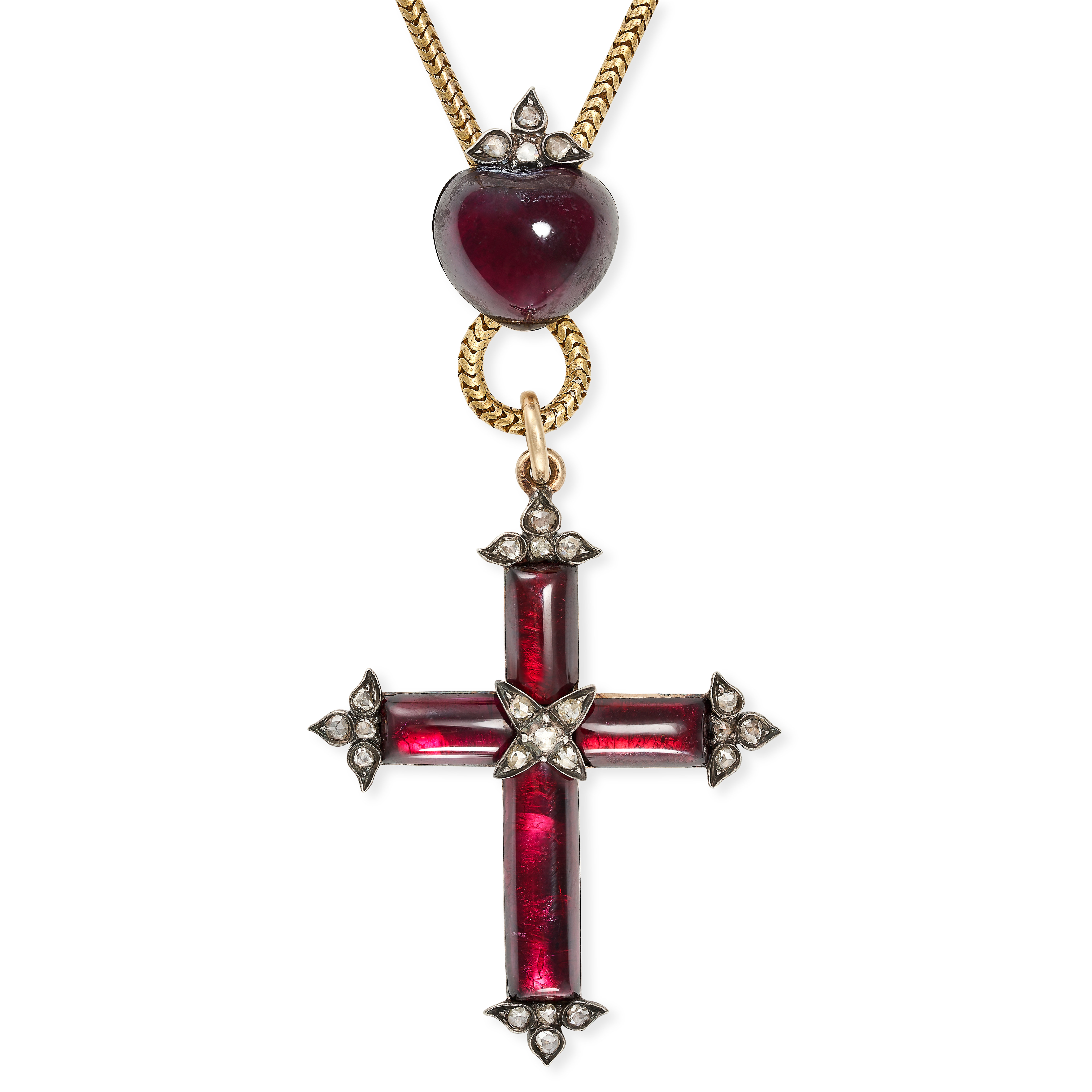 AN ANTIQUE GARNET CROSS PENDANT NECKLACE, 19TH CENTURY in yellow gold and silver, the pendant in the