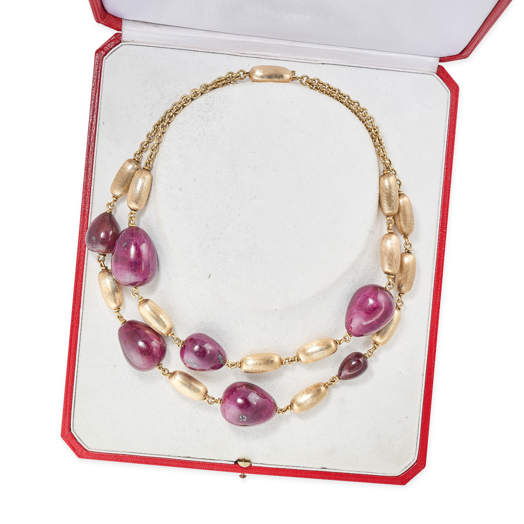 CARTIER, A VINTAGE UNHEATED RUBY AND GOLD BEAD NECKLACE in 14ct yellow gold, comprising two rows