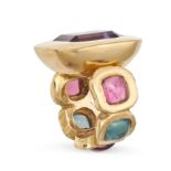A FRENCH AMETHYST, AQUAMARINE AND PINK TOURMALINE COCKTAIL RING in 18ct yellow gold, set with a