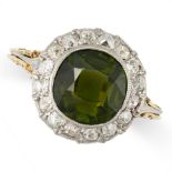 AN ANTIQUE GREEN TOURMALINE AND DIAMOND CLUSTER RING, 19TH CENTURY in yellow gold and silver, set