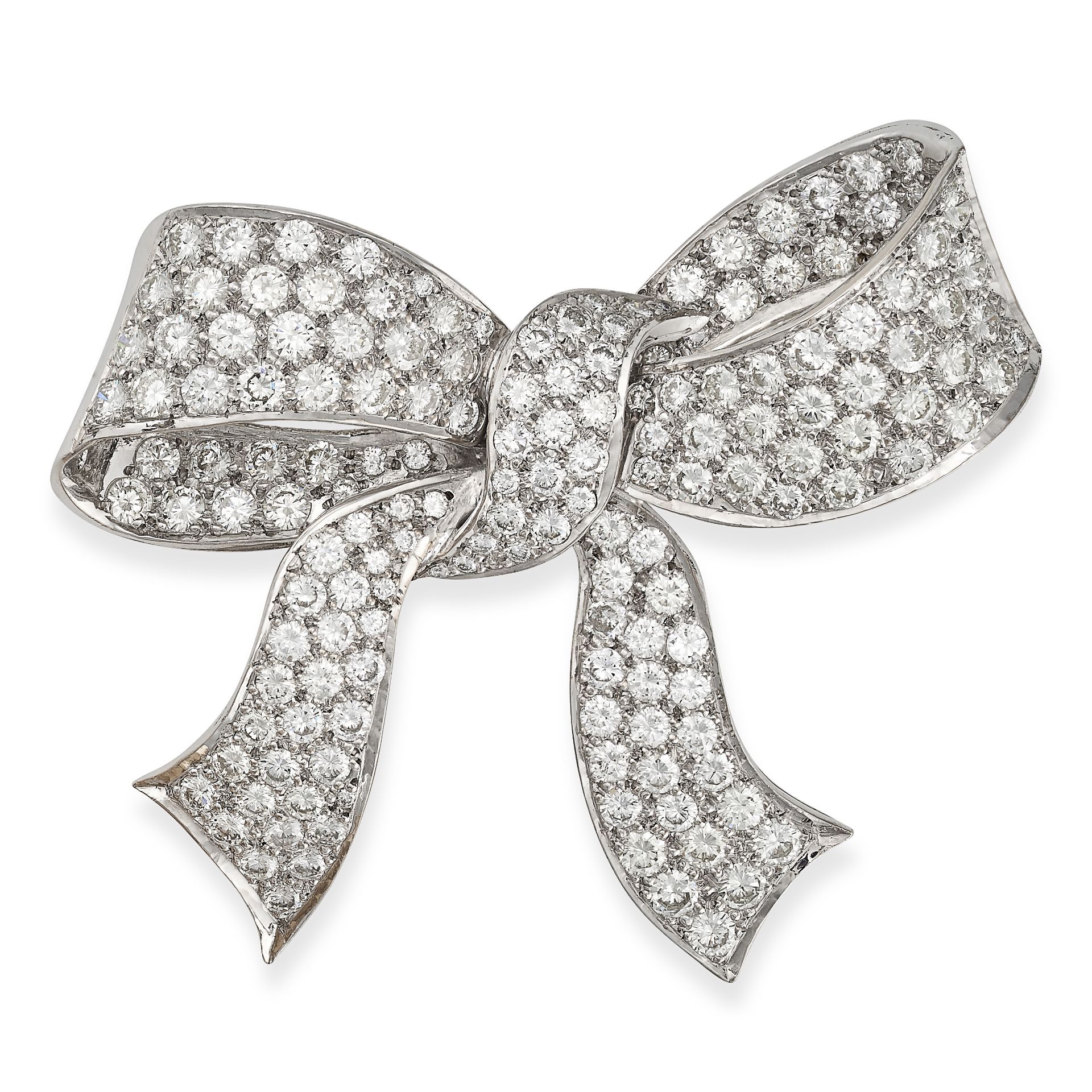 A FINE DIAMOND BOW BROOCH in 18ct white gold, designed as a ribbon tied into a bow, set throughout