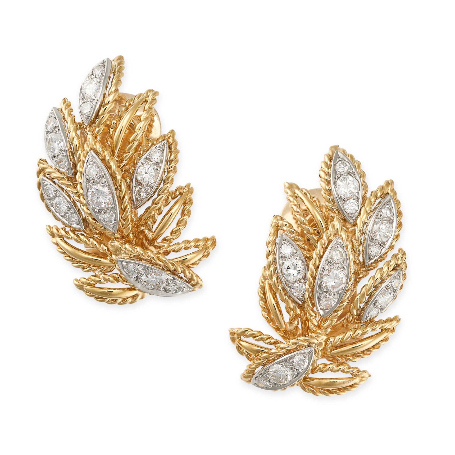 VAN CLEEF & ARPELS, A PAIR OF VINTAGE DIAMOND LEAF EARRINGS in 18ct yellow and white gold,