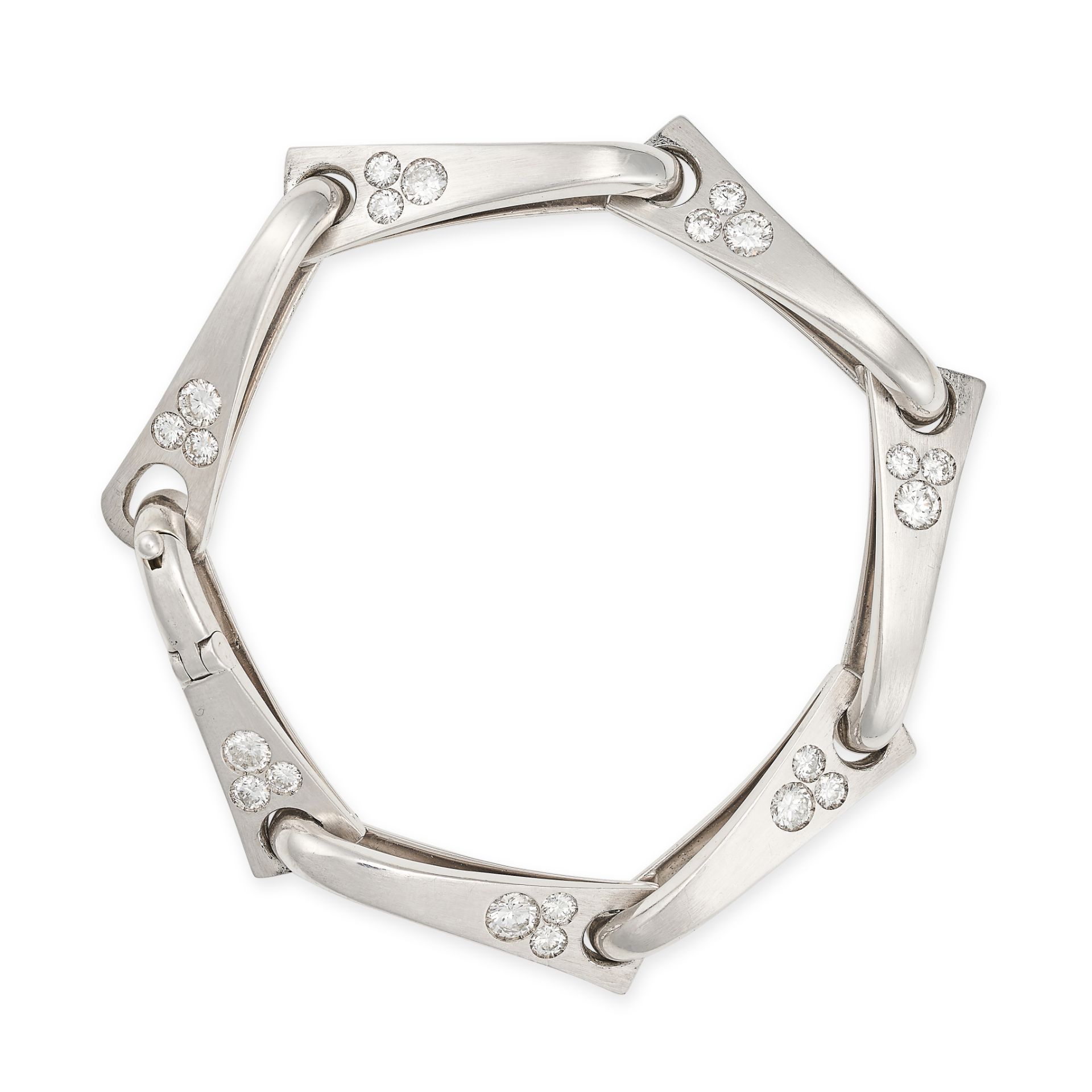 A DIAMOND BRACELET in 18ct white gold, the articulated triangular links each set with three round