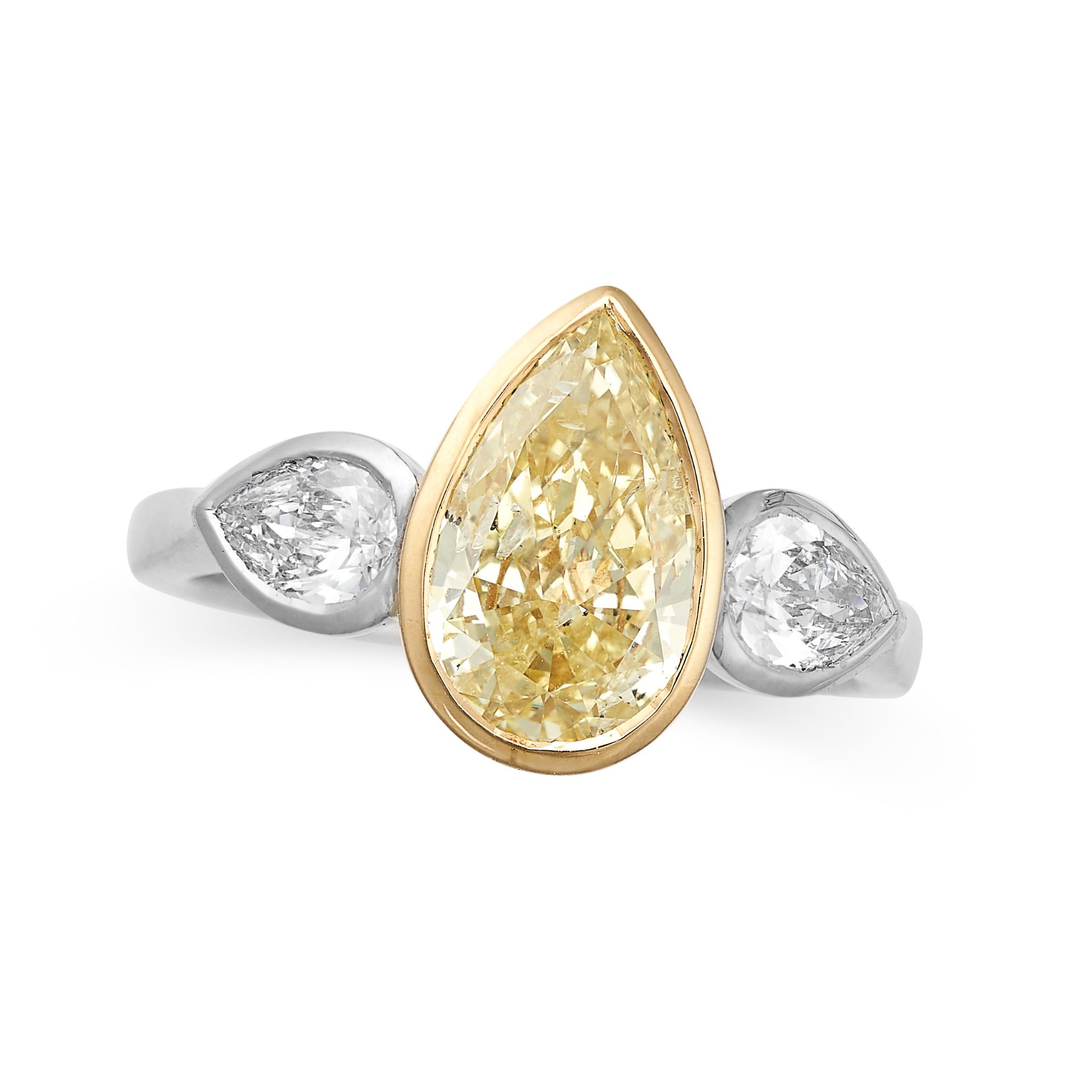 A FANCY YELLOW AND WHITE DIAMOND RING set with a fancy yellow pear cut diamond of 2.15 carats