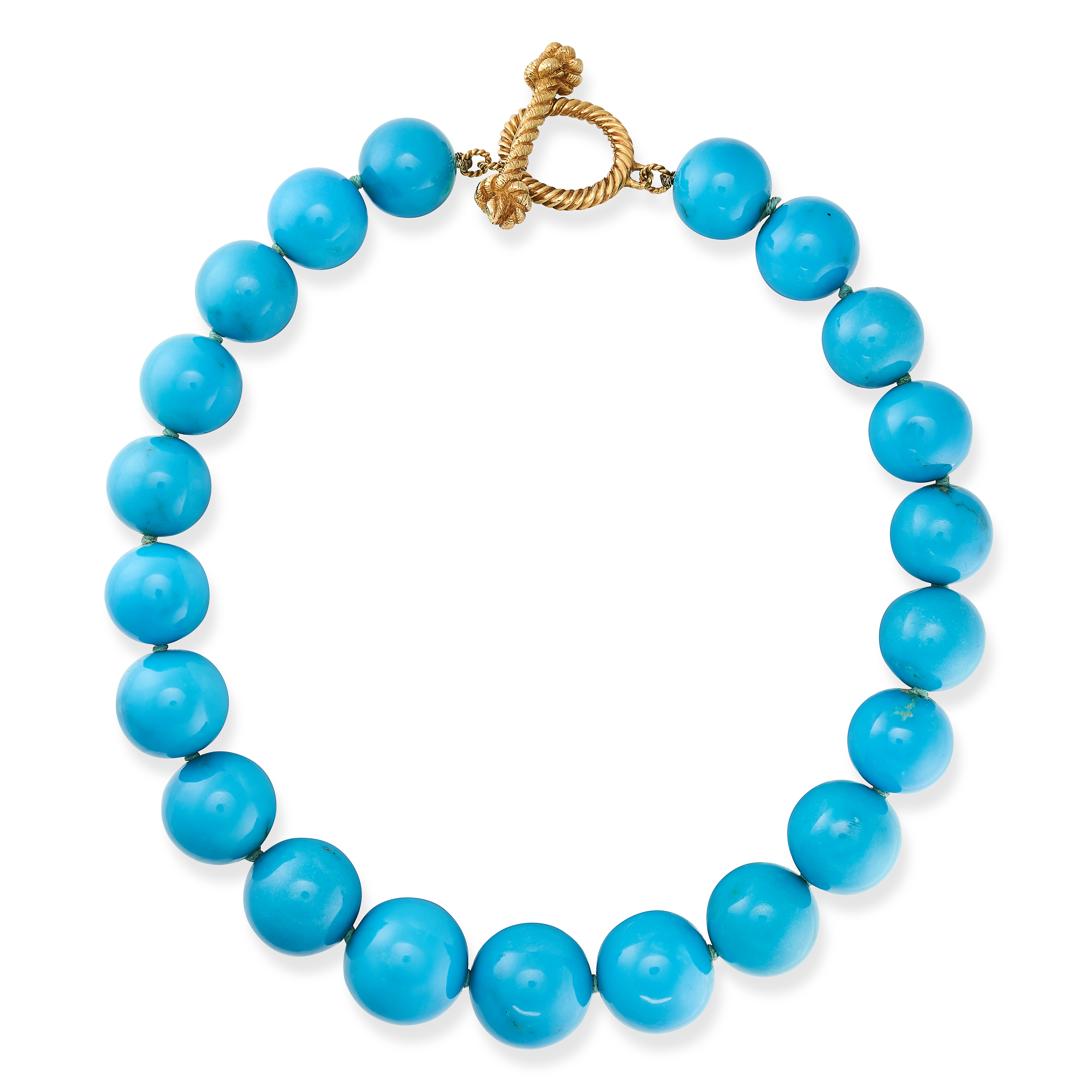 AN EXCEPTIONAL TURQUOISE BEAD NECKLACE in 18ct yellow gold, comprising a single row of graduated