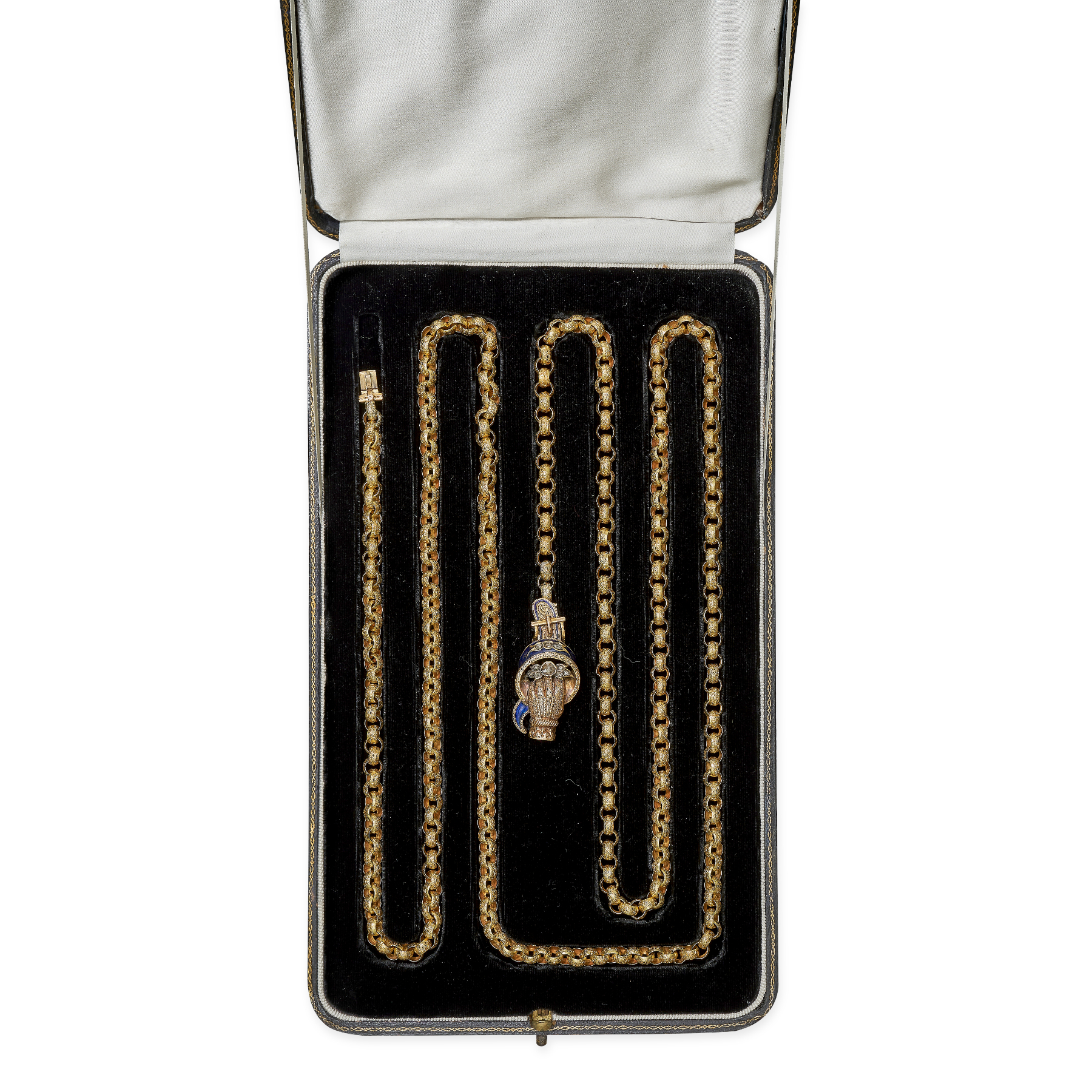 A FINE ANTIQUE DIAMOND AND ENAMEL HAND GUARD CHAIN, 19TH CENTURY in yellow gold, comprising a row of