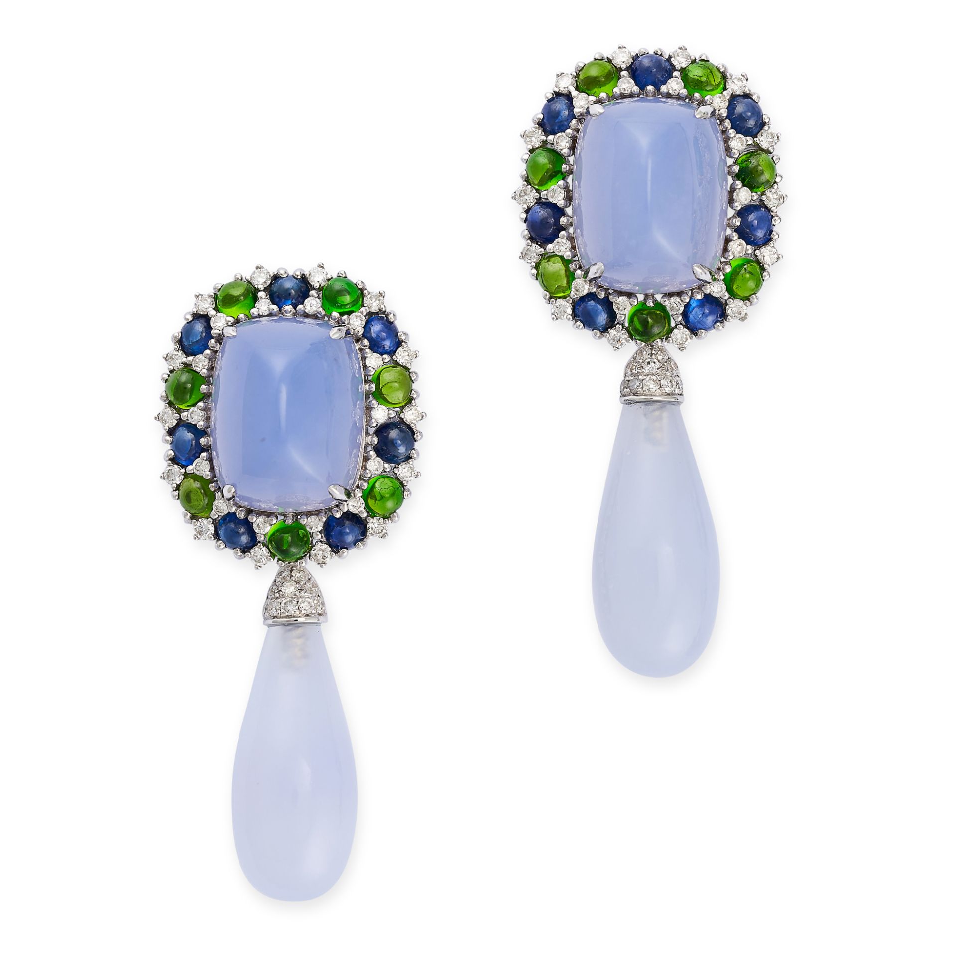 A PAIR OF BLUE CHALCEDONY, SAPPHIRE, TSAVORITE GARNET AND DIAMOND DROP EARRINGS in 18ct white