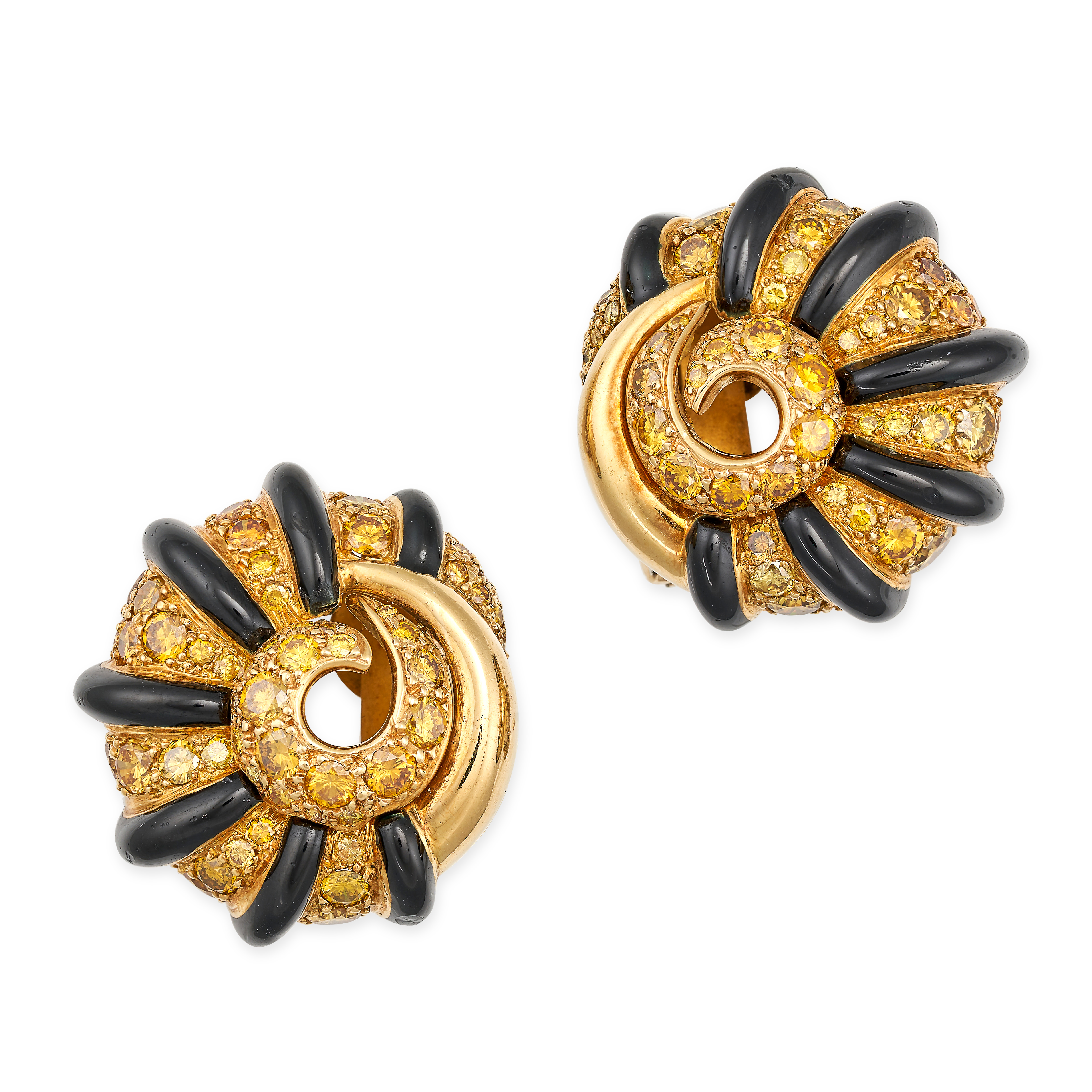 FRED LEIGHTON, A PAIR OF VINTAGE YELLOW DIAMOND AND ONYX SHELL EARRINGS in 18ct yellow gold, in a