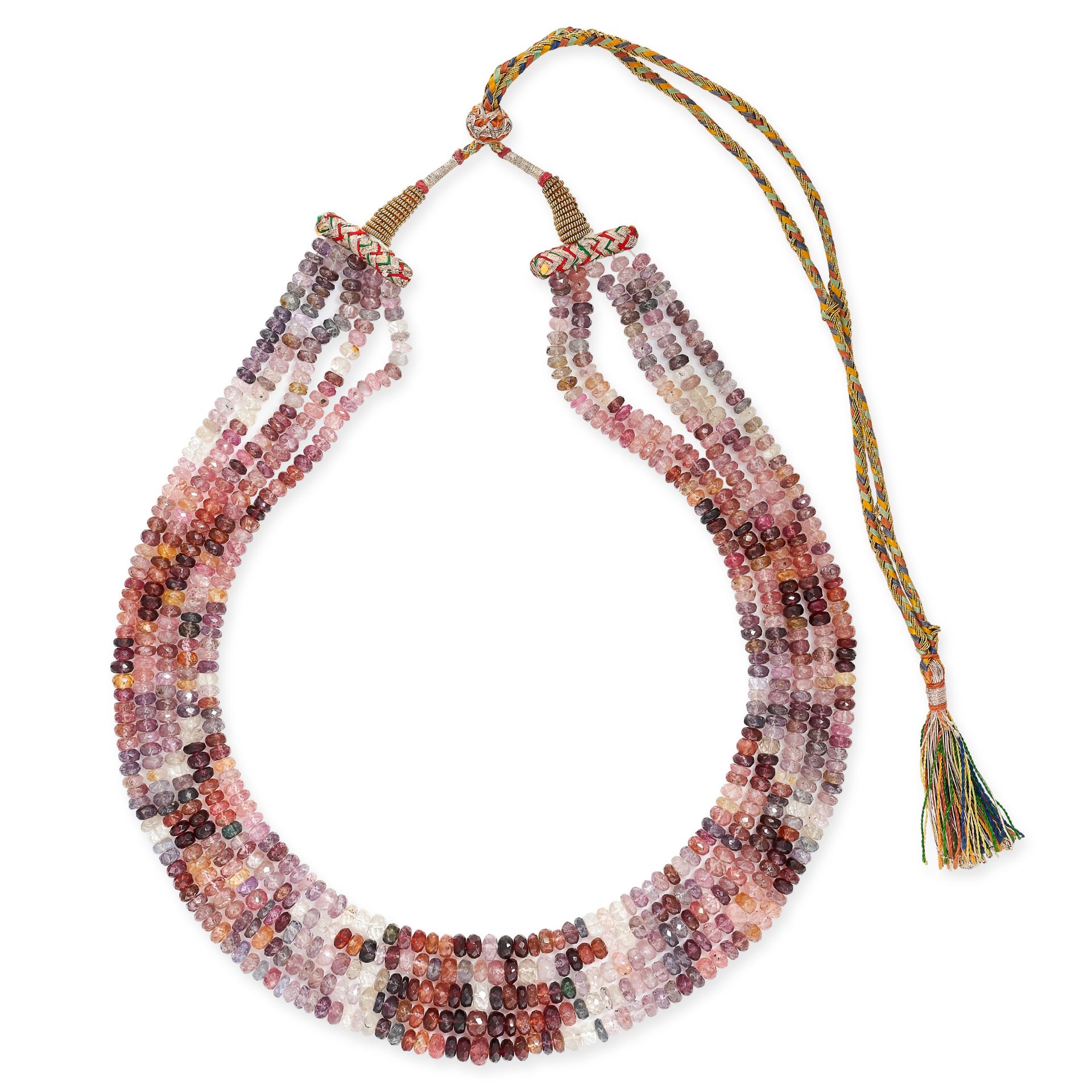A FINE MULTICOLOURED SPINEL BEAD NECKLACE comprising five rows of faceted red, pink, yellow,