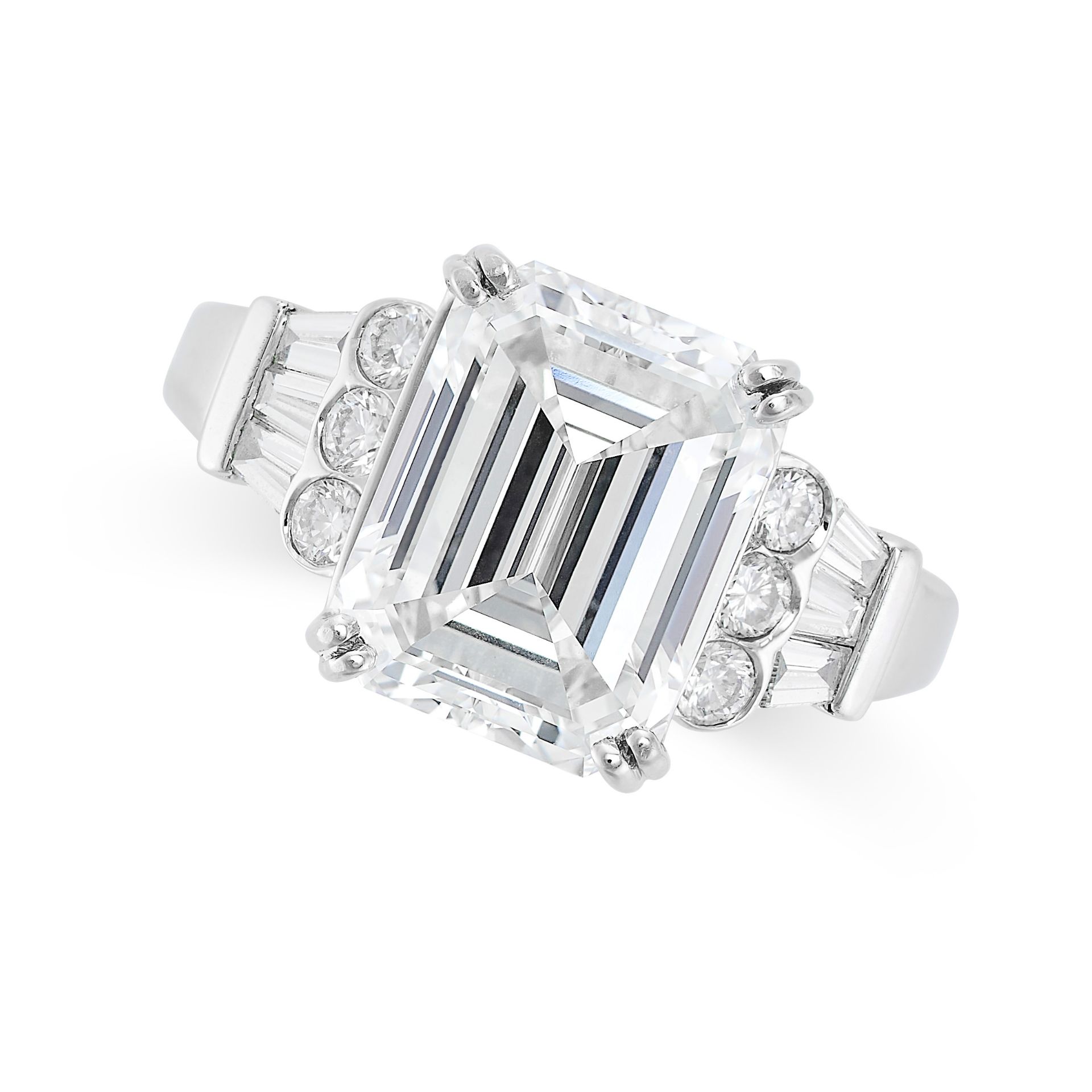 A 5.15 CARAT H COLOUR, VVS2 DIAMOND ENGAGEMENT RING in 18ct white gold, set with an emerald cut