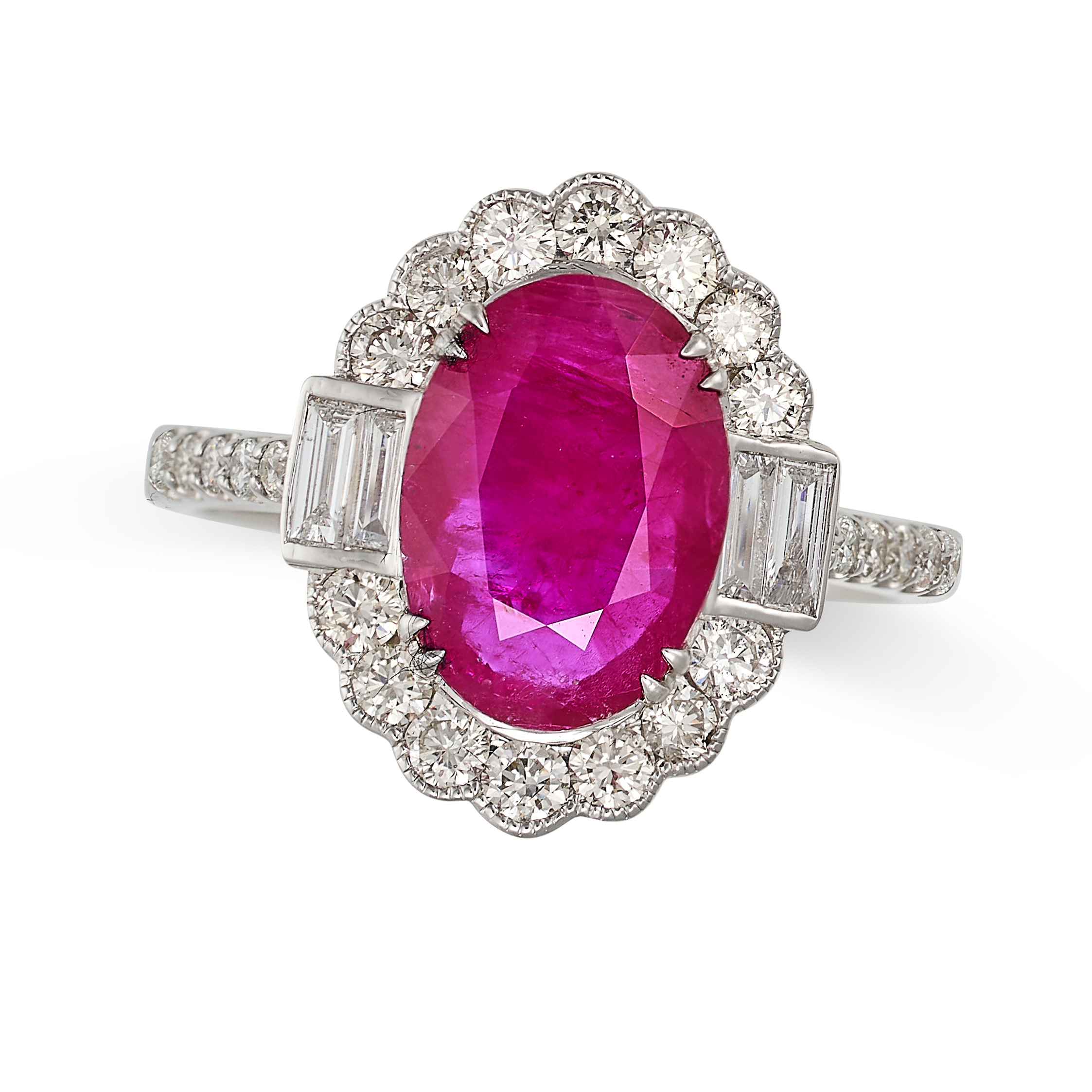 A RUBY AND DIAMOND CLUSTER RING in 18ct white gold, set with an oval cut ruby of 2.49 carats in a