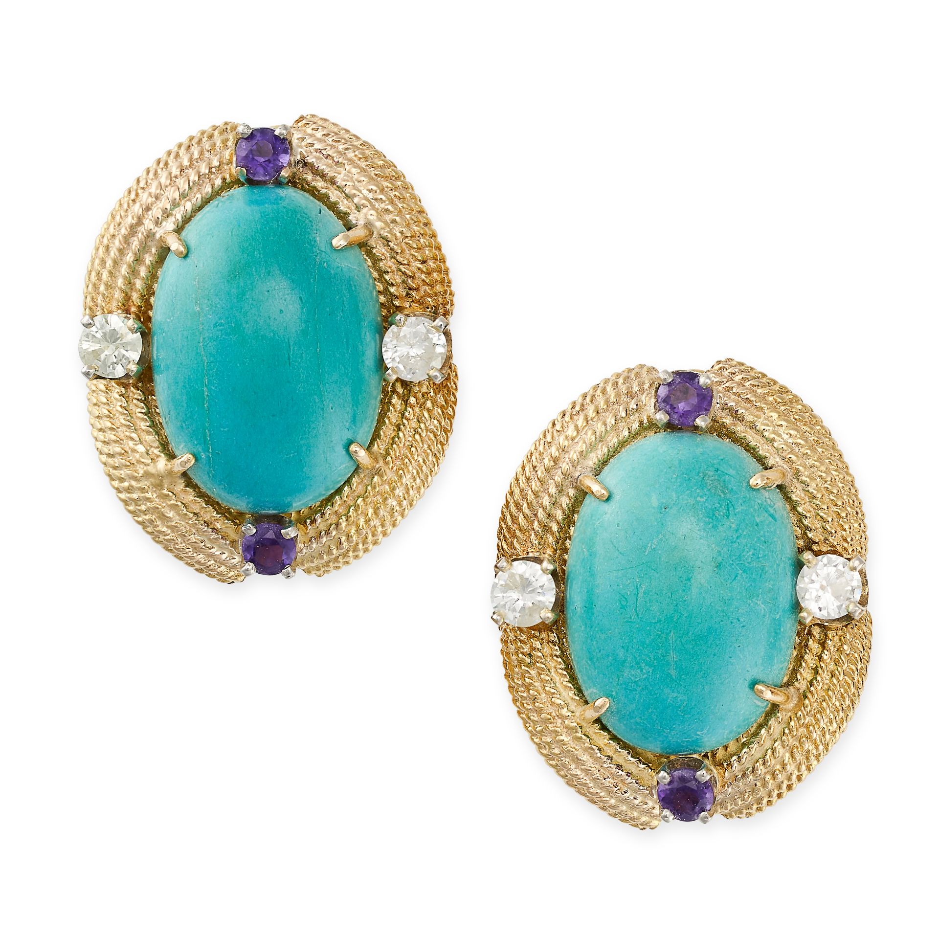 A PAIR OF TURQUOISE, AMETHYST AND DIAMOND EARRINGS in yellow gold, each earring set with a