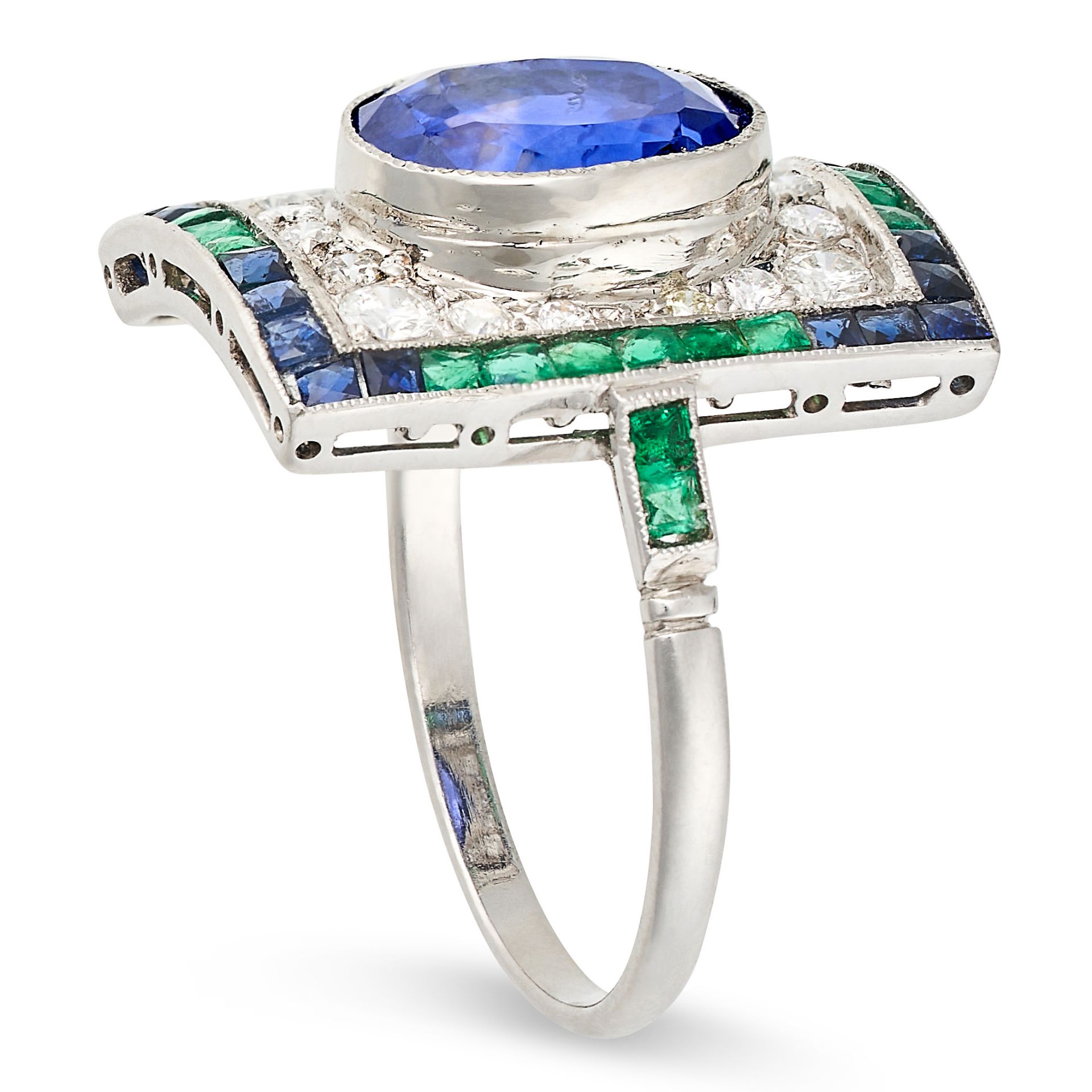 A CEYLON NO HEAT SAPPHIRE, DIAMOND AND EMERALD RING set with an oval cut sapphire of 5.05 carats - Image 2 of 2