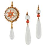 A FINE ANTIQUE VICTORIAN ROCK CRYSTAL, CORAL AND DIAMOND PENDANT AND EARRINGS SUITE in yellow