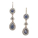 A PAIR OF ANTIQUE SAPPHIRE AND DIAMOND DROP EARRINGS, 19TH CENTURY AND LATER in yellow gold and
