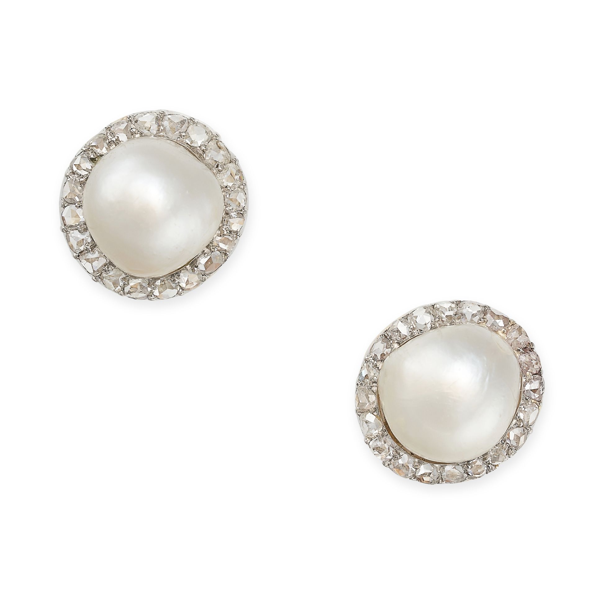 A PAIR OF NATURAL PEARL AND DIAMOND EARRINGS in yellow gold, each earring set with a natural pearl