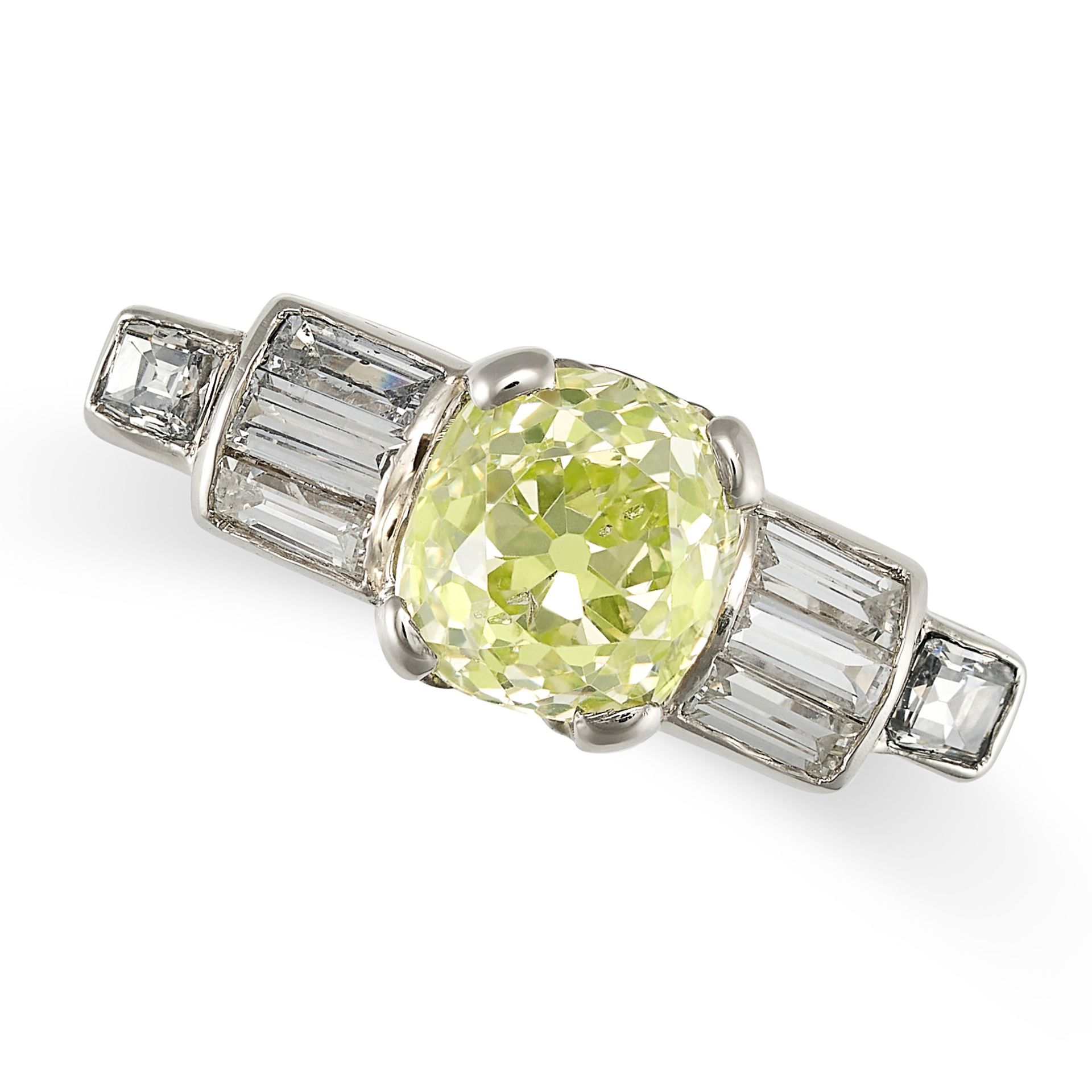 A FANCY INTENSE GREEN-YELLOW DIAMOND DRESS RING set with an old cut fancy intense green-yellow