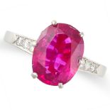 A FINE UNHEATED RUBY AND DIAMOND RING in platinum, set with a cushion cut ruby of 4.65 carats, the