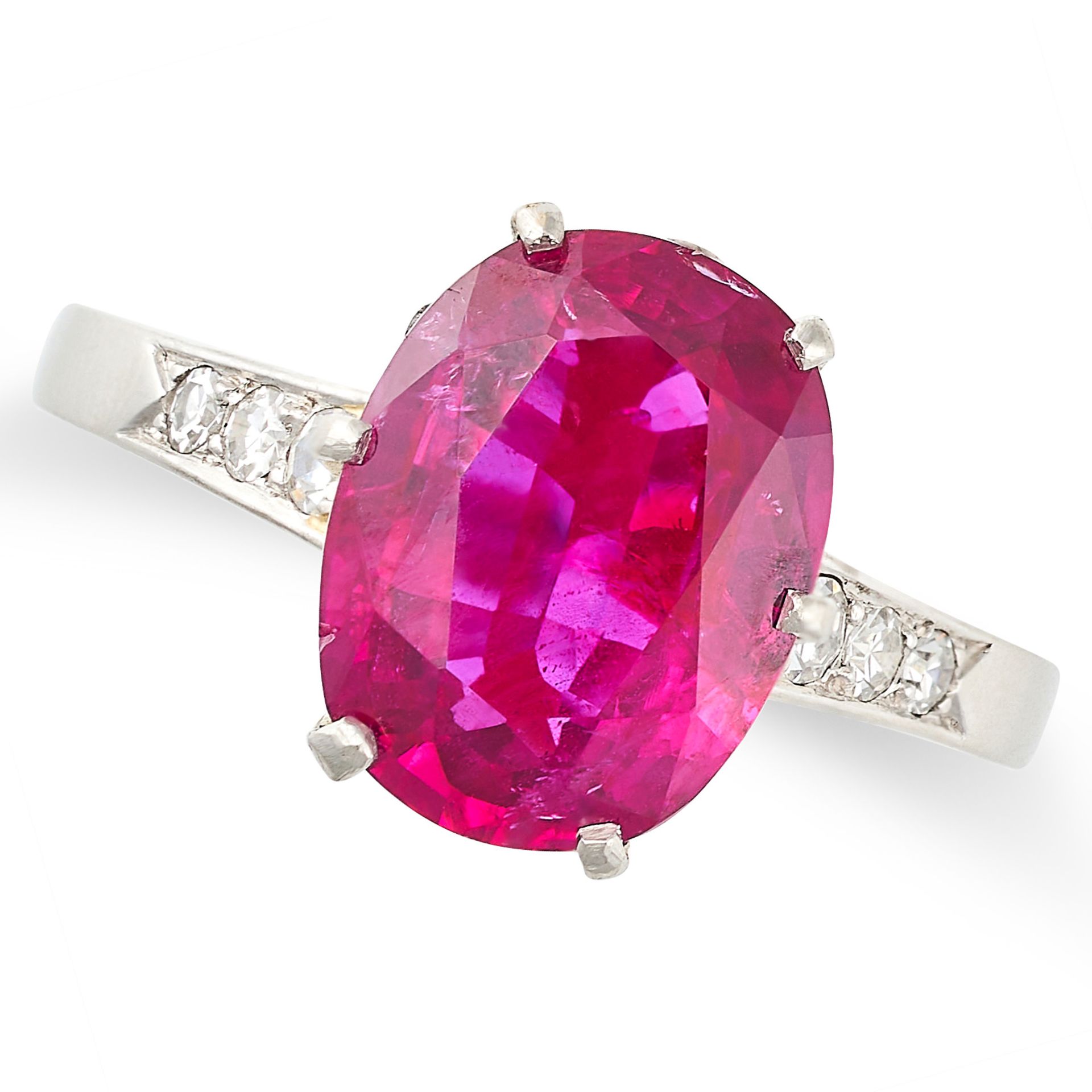 A FINE UNHEATED RUBY AND DIAMOND RING in platinum, set with a cushion cut ruby of 4.65 carats, the