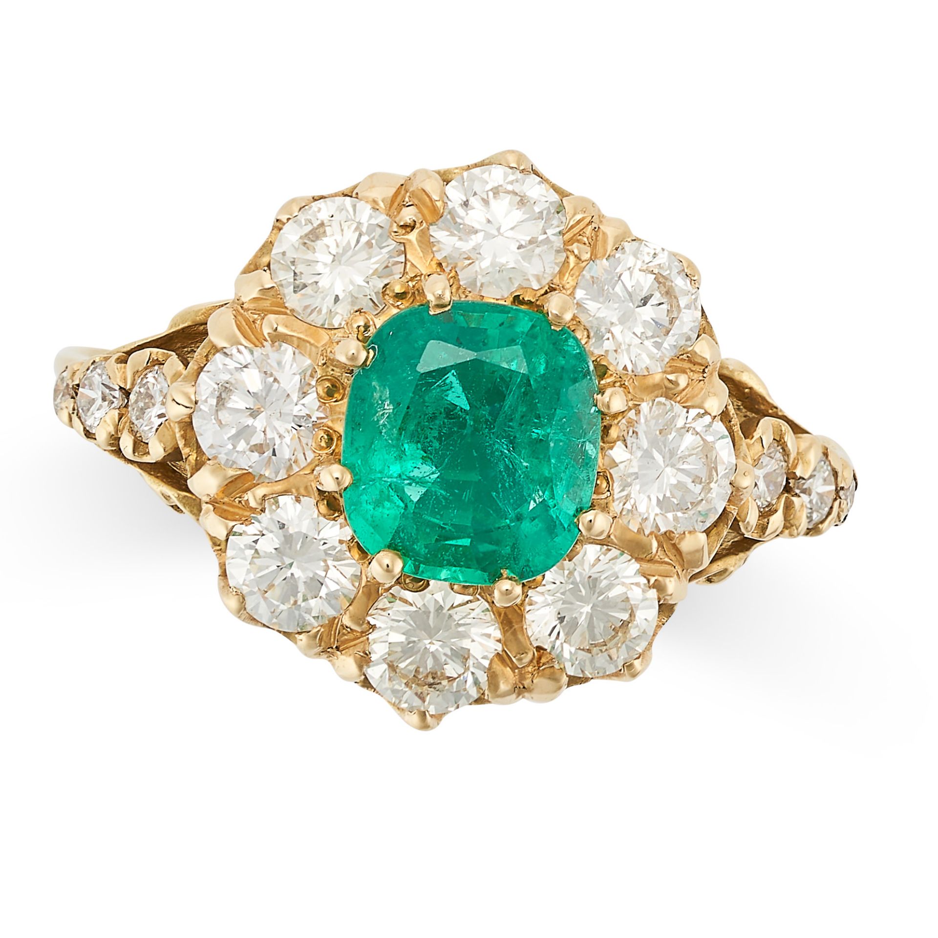 AN EMERALD AND DIAMOND CLUSTER RING in 18ct yellow gold, set with a cushion cut emerald of