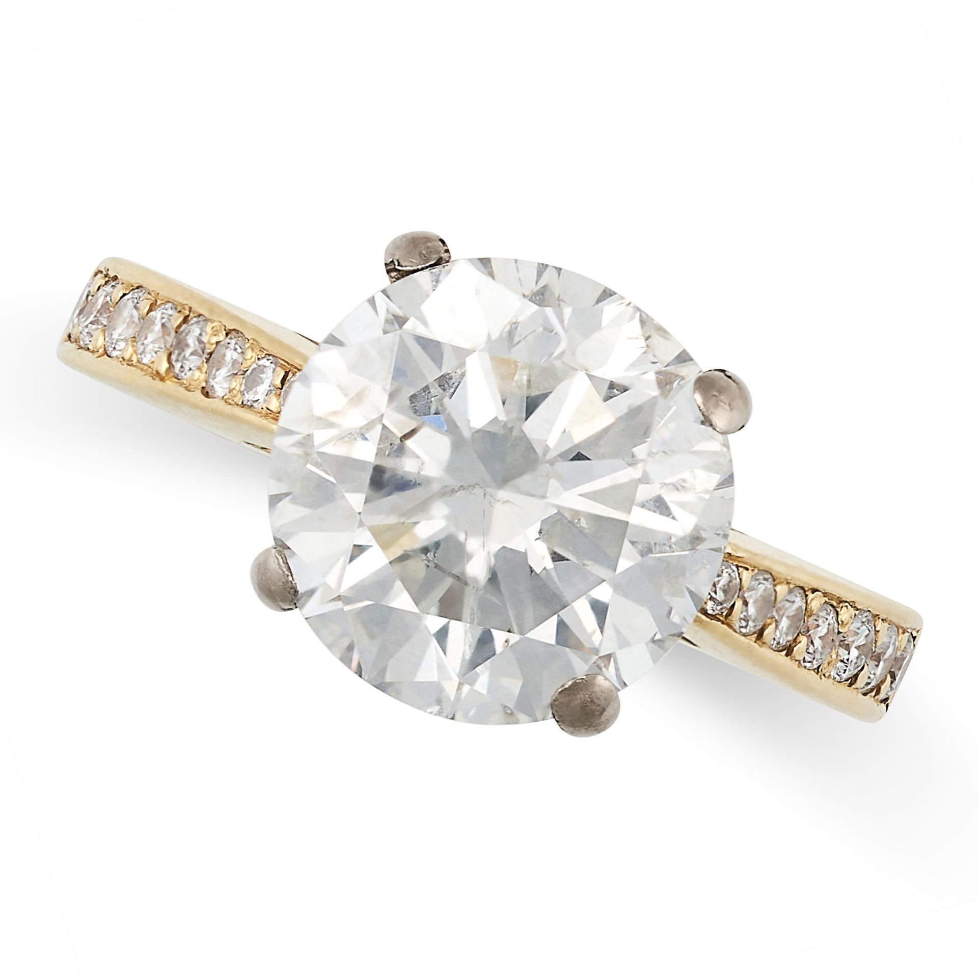 A 4.01 CARAT SOLITAIRE DIAMOND RING in 18ct yellow gold, set with a round brilliant cut diamond of