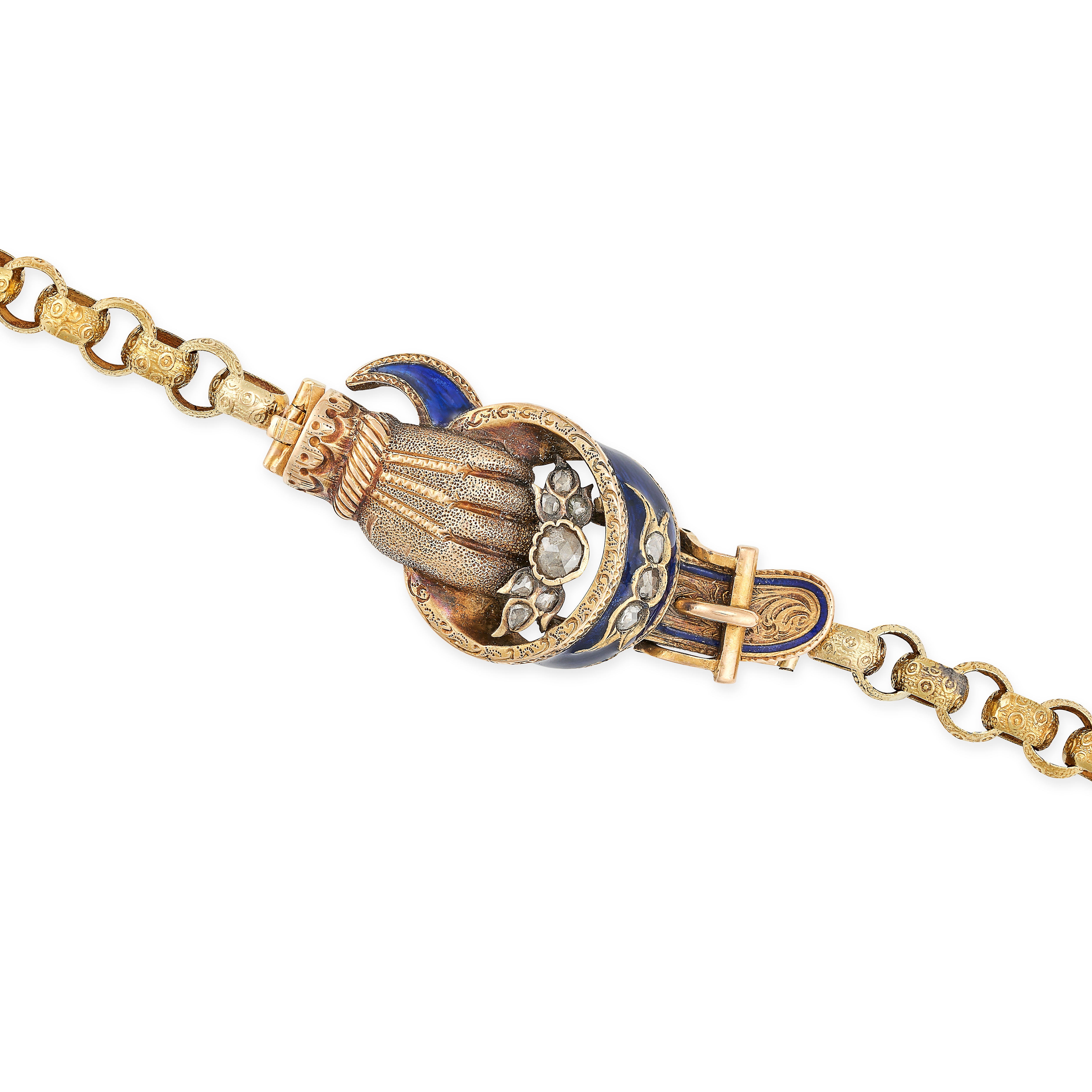 A FINE ANTIQUE DIAMOND AND ENAMEL HAND GUARD CHAIN, 19TH CENTURY in yellow gold, comprising a row of - Image 2 of 2