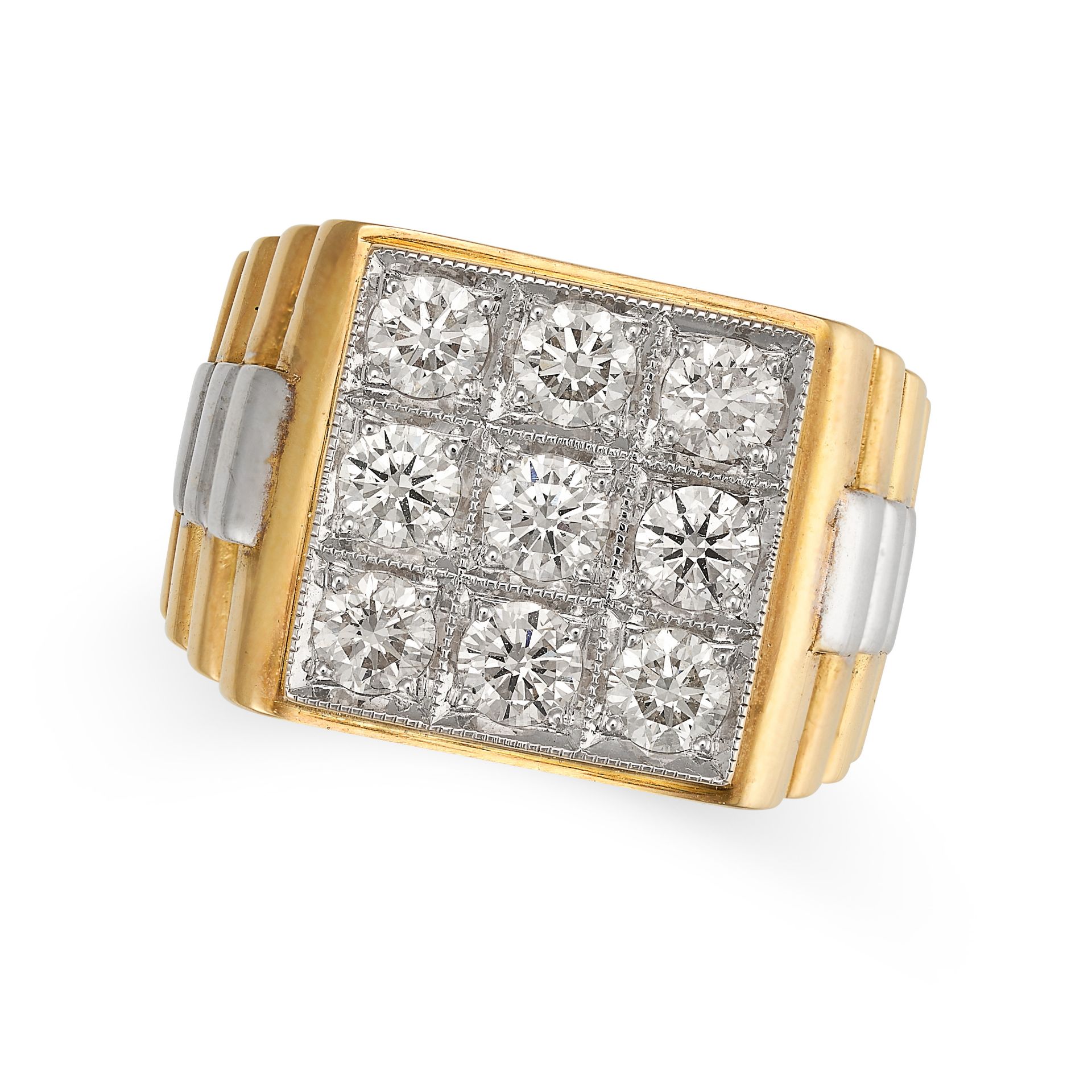 A DIAMOND RING in 18ct yellow and white gold, the square face set with round brilliant cut