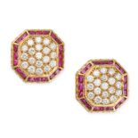 VAN CLEEF & ARPELS, A PAIR OF VINTAGE RUBY AND DIAMOND EARRINGS in 18ct yellow gold, each designed