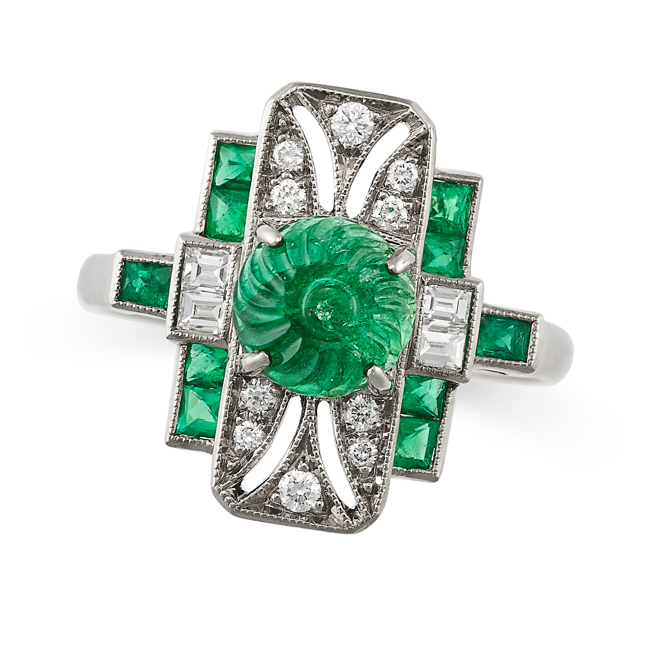 A CARVED EMERALD AND DIAMOND DRESS RING in 18ct white gold, set with a carved cabochon emerald of