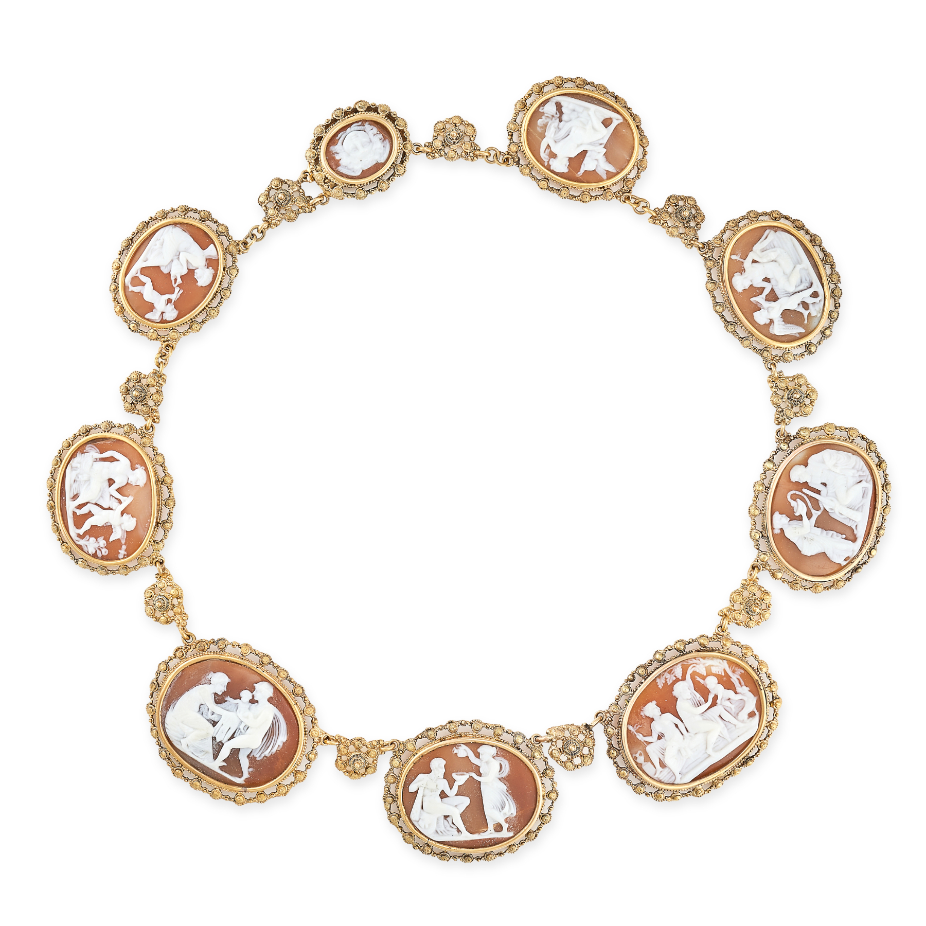 A FINE ANTIQUE CAMEO RIVIERE NECKLACE, 19TH CENTURY in yellow gold, set with nine graduated shell